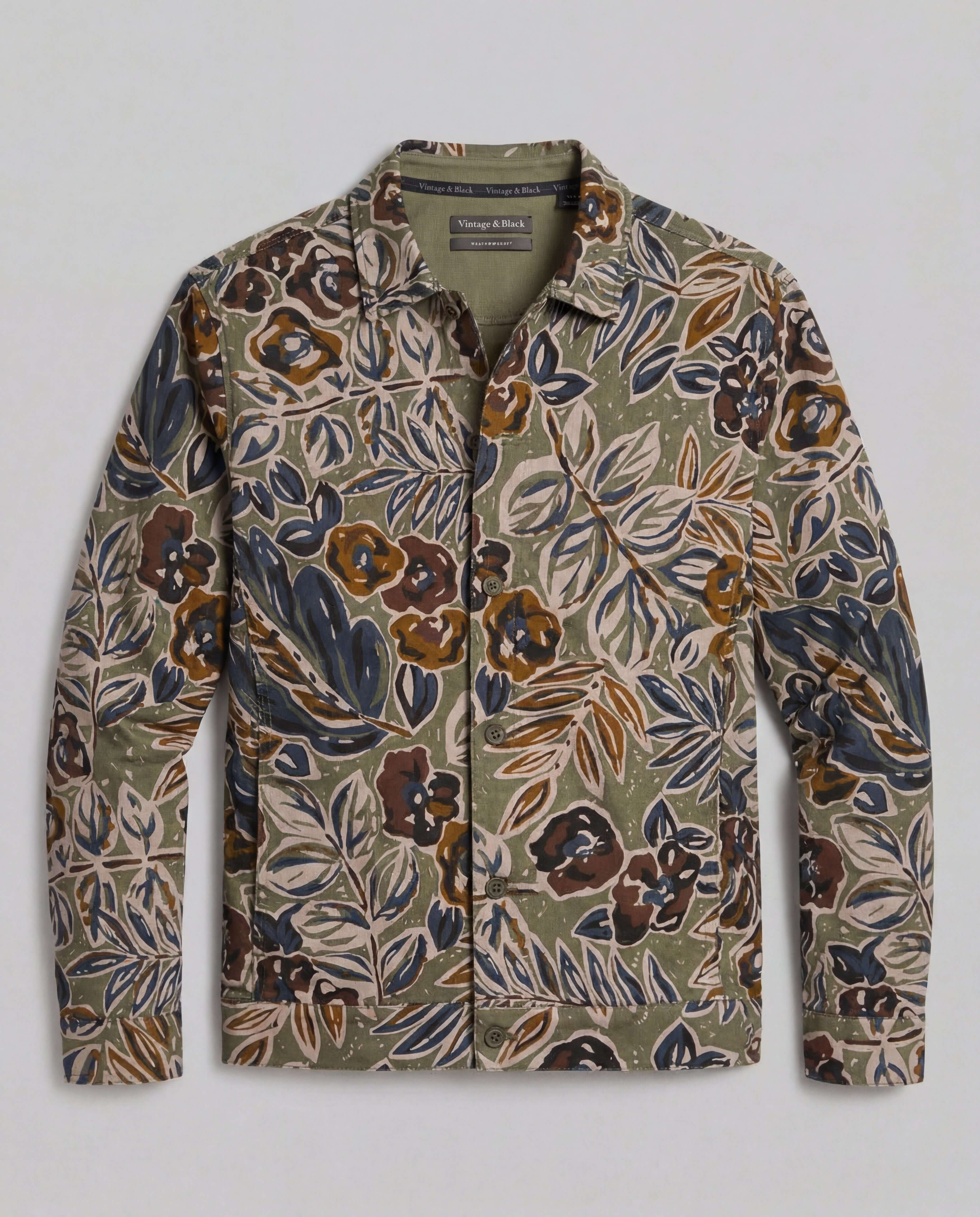 Floral Print Twill Trucker in Olive showcasing a muted floral pattern and tailored silhouette.