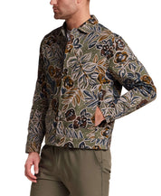 Floral Print Twill Trucker in Olive featuring a muted floral pattern and structured buttons for a tailored look.