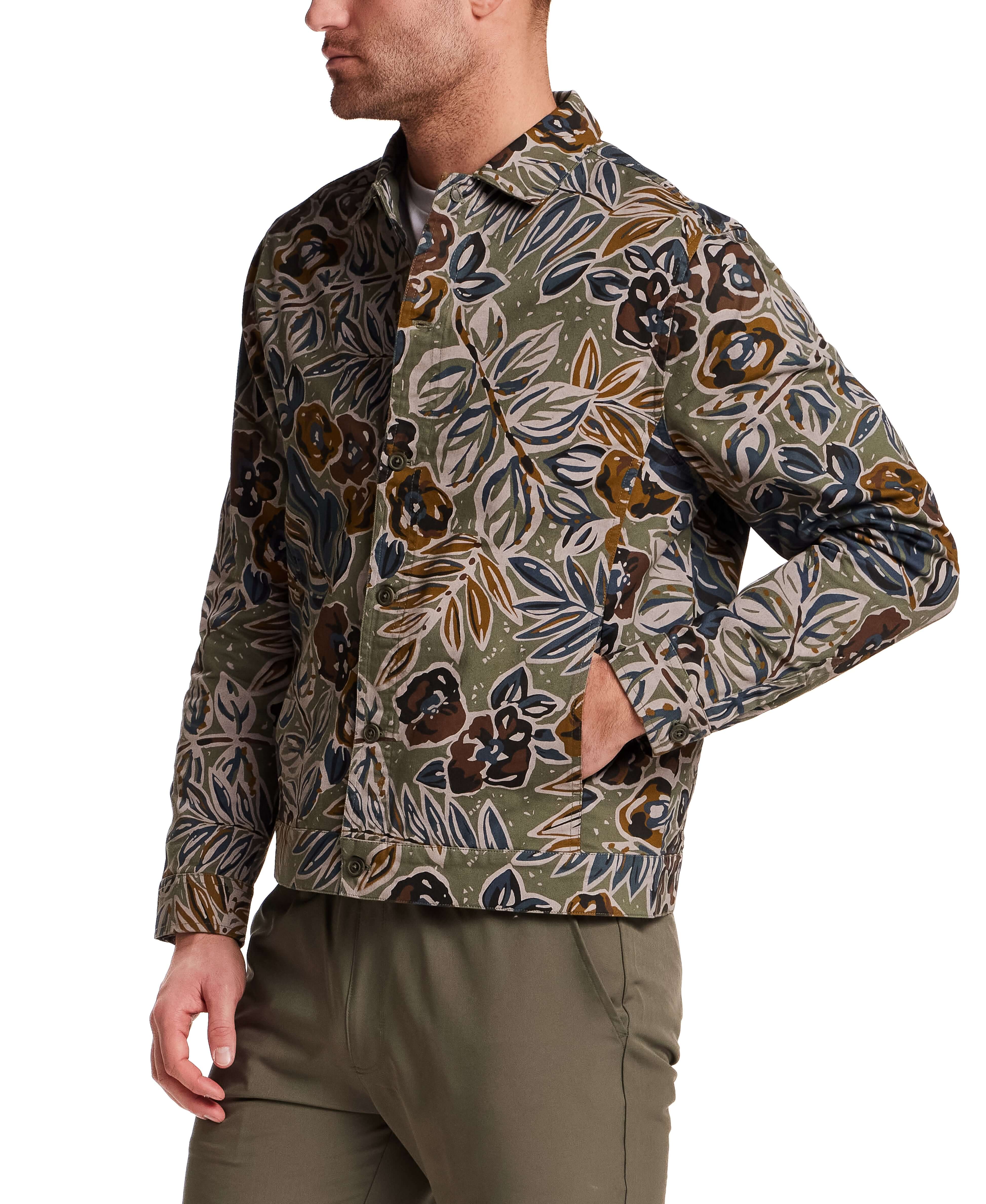 Floral Print Twill Trucker in Olive featuring a muted floral pattern and structured buttons for a tailored look.