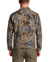 Floral Print Twill Trucker in Olive shown from the back, featuring a muted floral pattern on structured cotton.