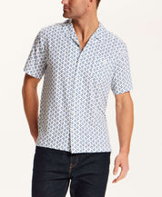 Floral Seersucker Shirt in White featuring navy floral medallion print and short sleeves, perfect for warm weather.