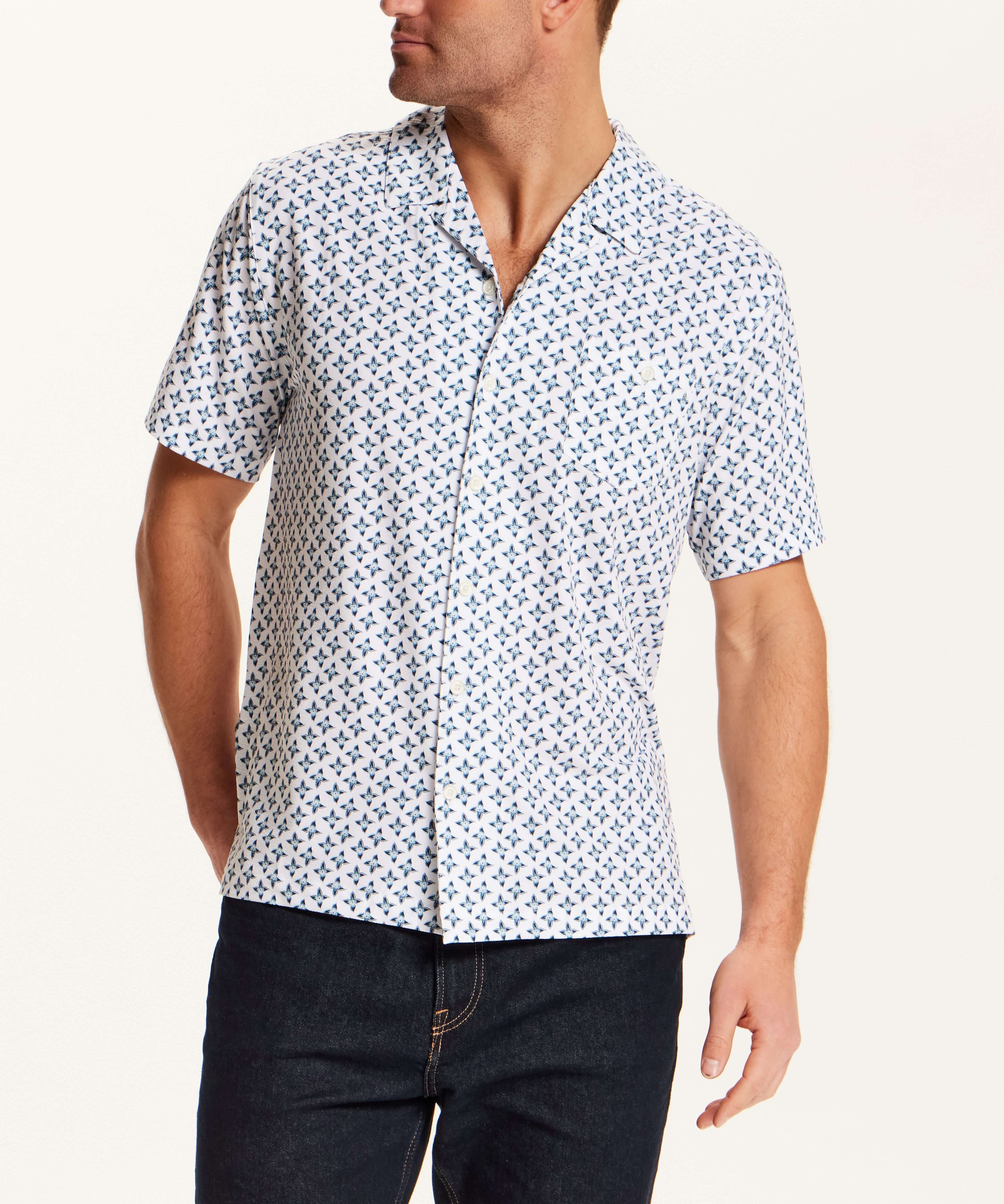 Floral Seersucker Shirt in White featuring navy floral medallion print and short sleeves, perfect for warm weather.