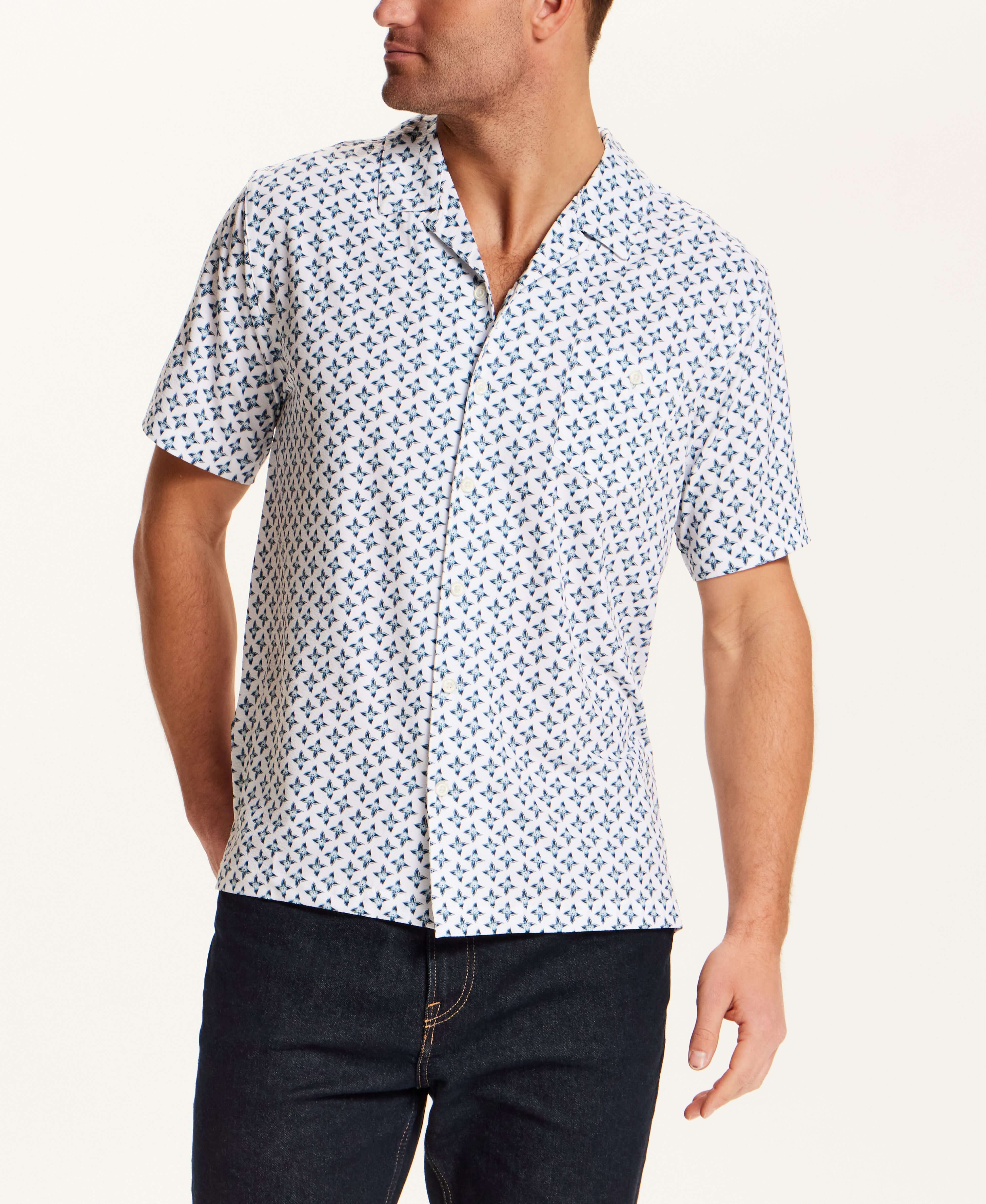 Floral Seersucker Shirt in White featuring navy floral medallion print and short sleeves, perfect for warm weather.