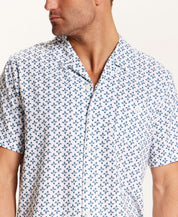 Floral Seersucker Shirt in White featuring navy floral medallion print and camp collar style.