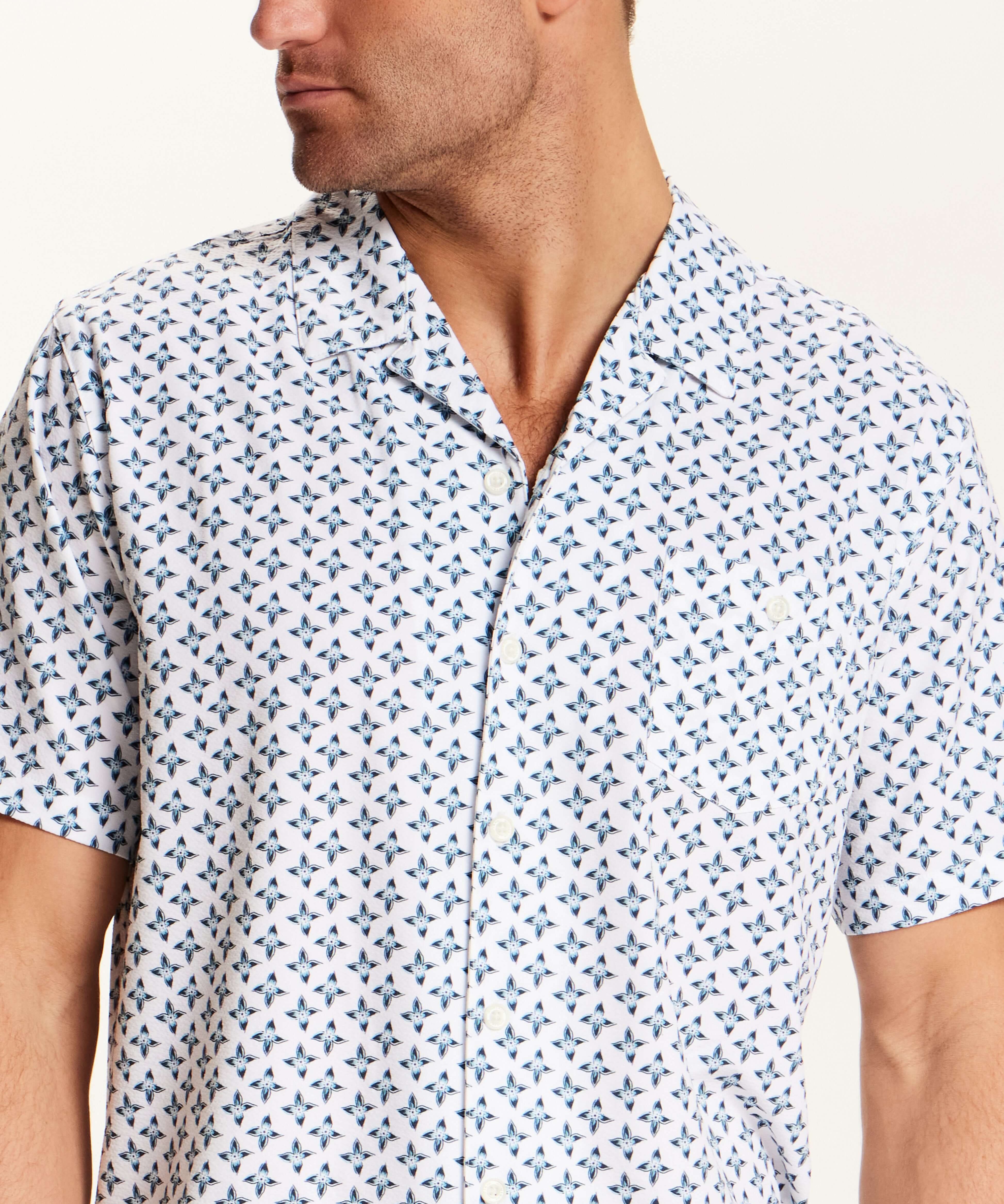 Floral Seersucker Shirt in White featuring navy floral medallion print and camp collar style.