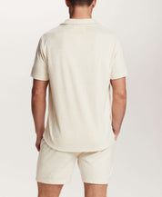 Geometric Terry Camp Shirt in Stone worn by model, showcasing relaxed fit and subtle geometric pattern.