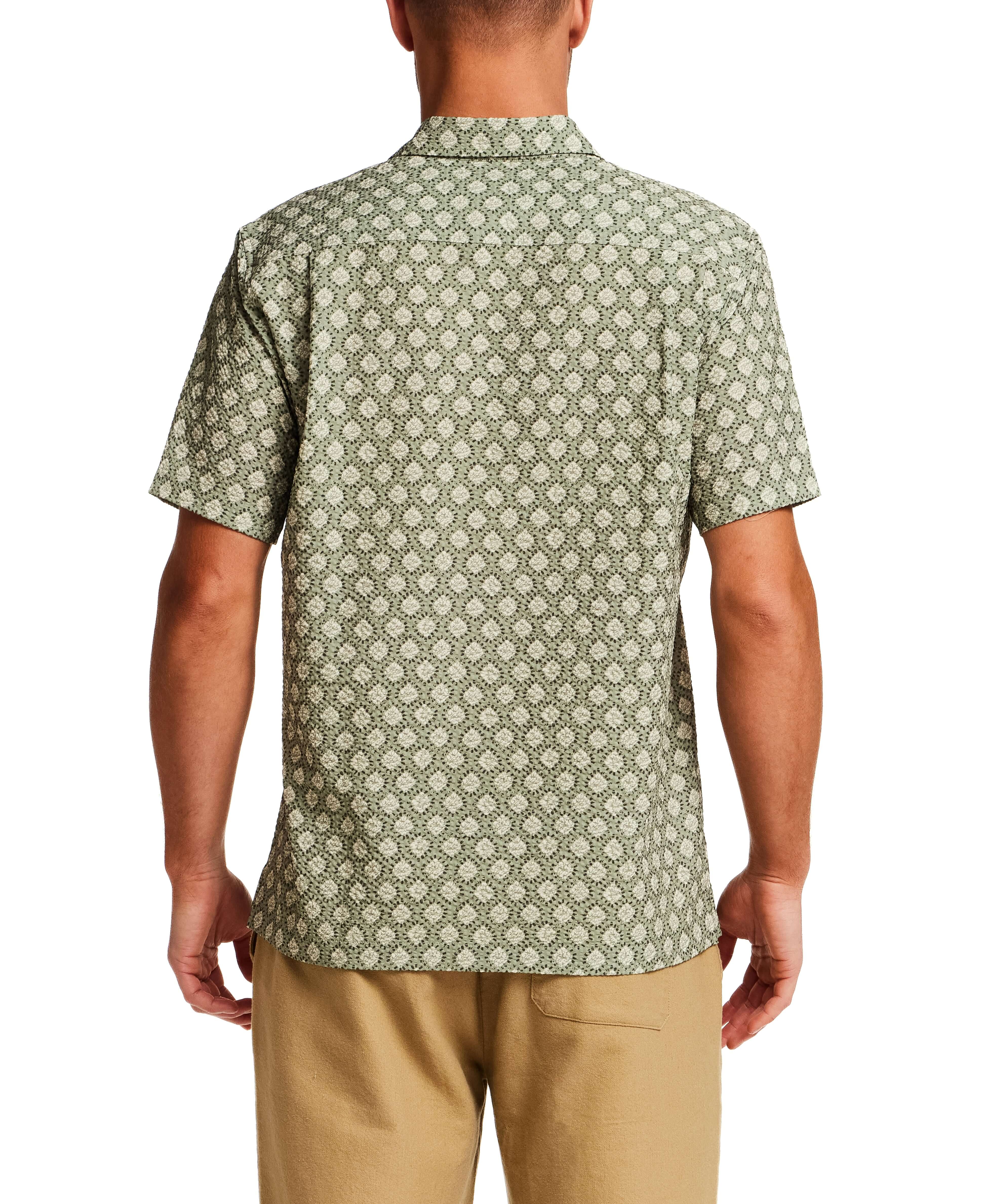 The Medallion Print Seersucker Shirt in Green shown from the back, featuring a distinctive medallion print.