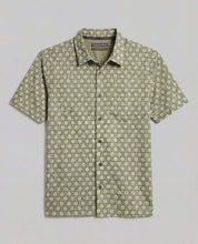 The Medallion Print Seersucker Shirt in Green featuring a subtle medallion pattern and tailored short sleeve design.