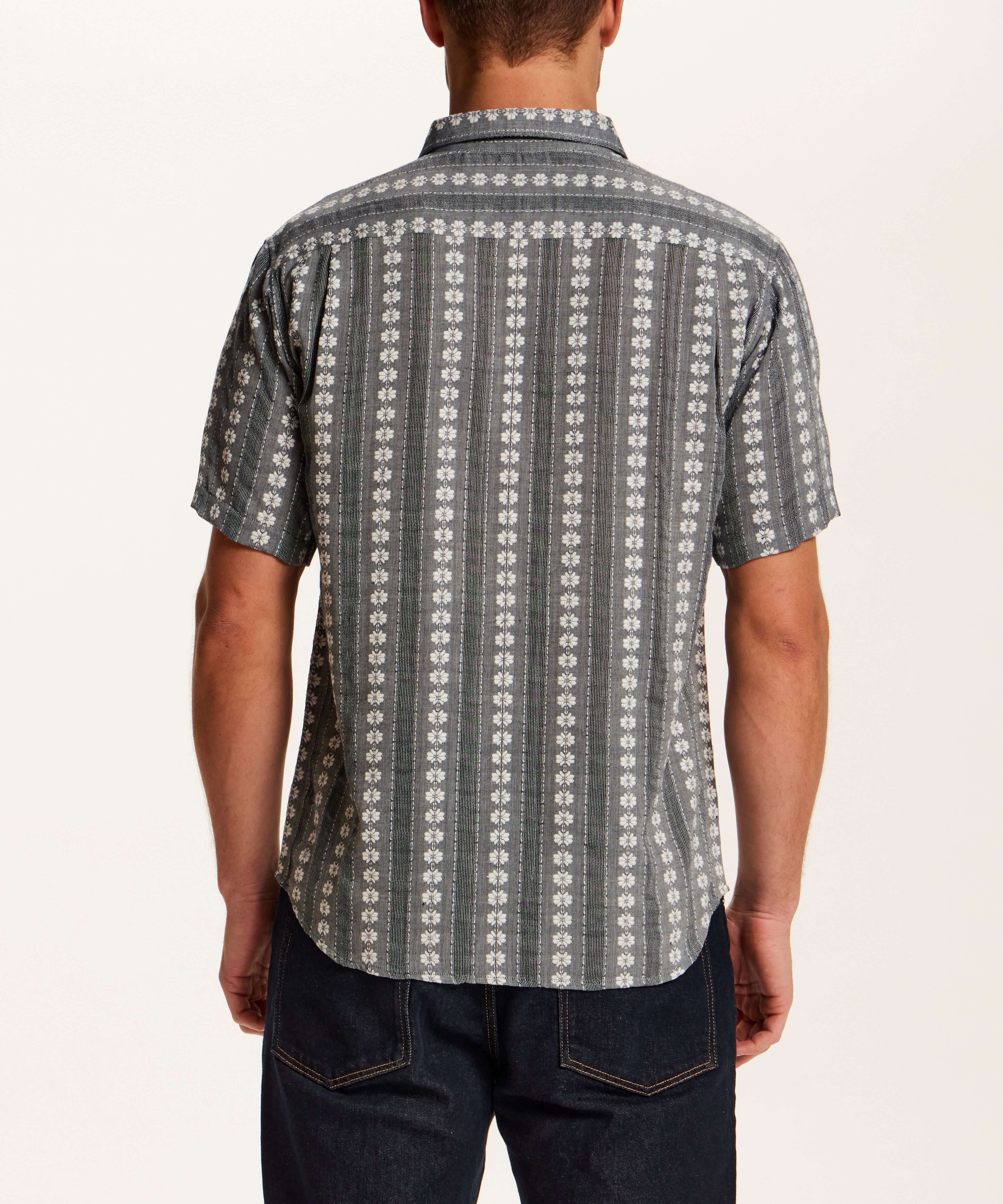 Back view of Embroidered Floral Stripe Shirt in Grey featuring charcoal floral stripes.