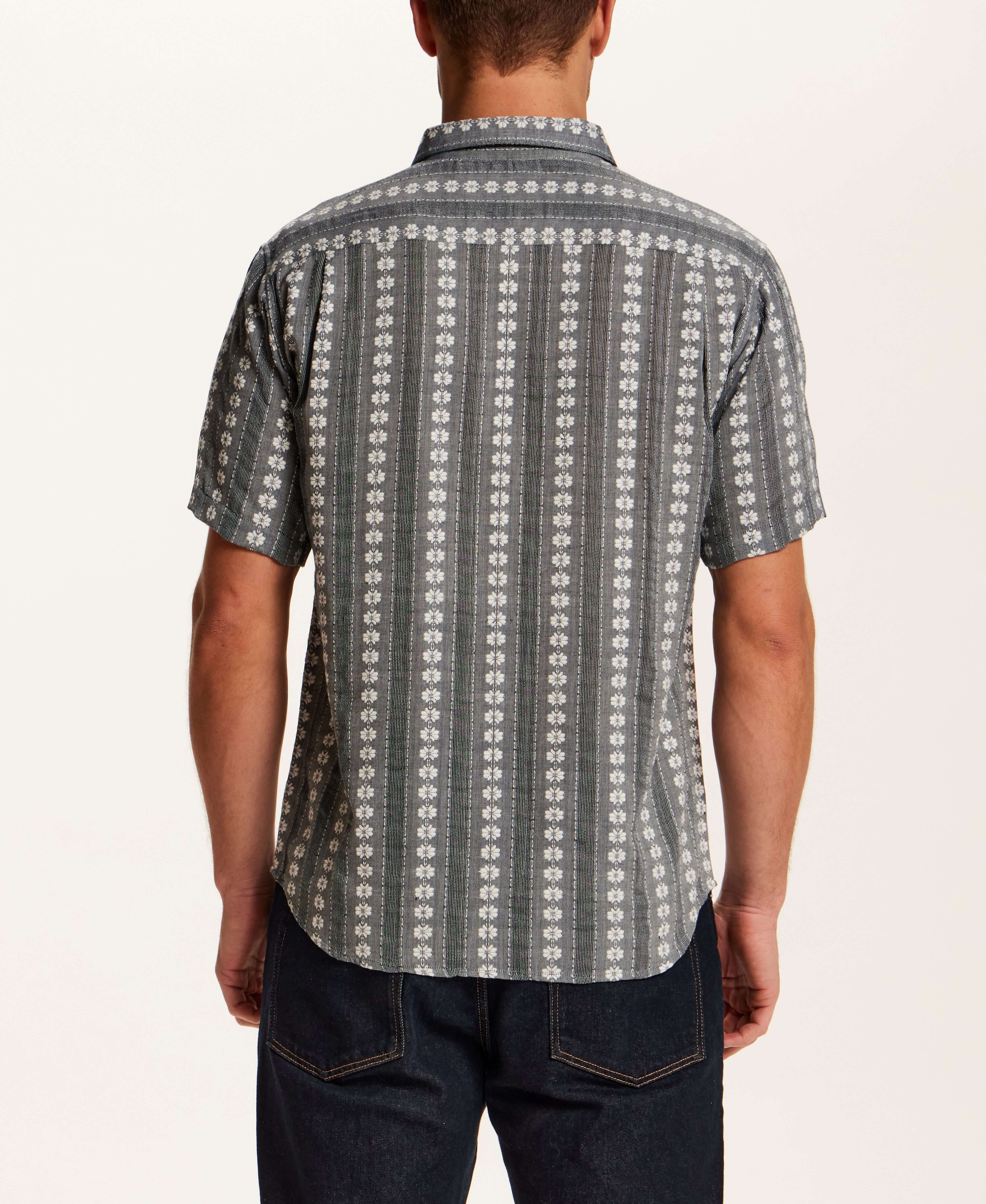 Back view of Embroidered Floral Stripe Shirt in Grey featuring charcoal floral stripes.