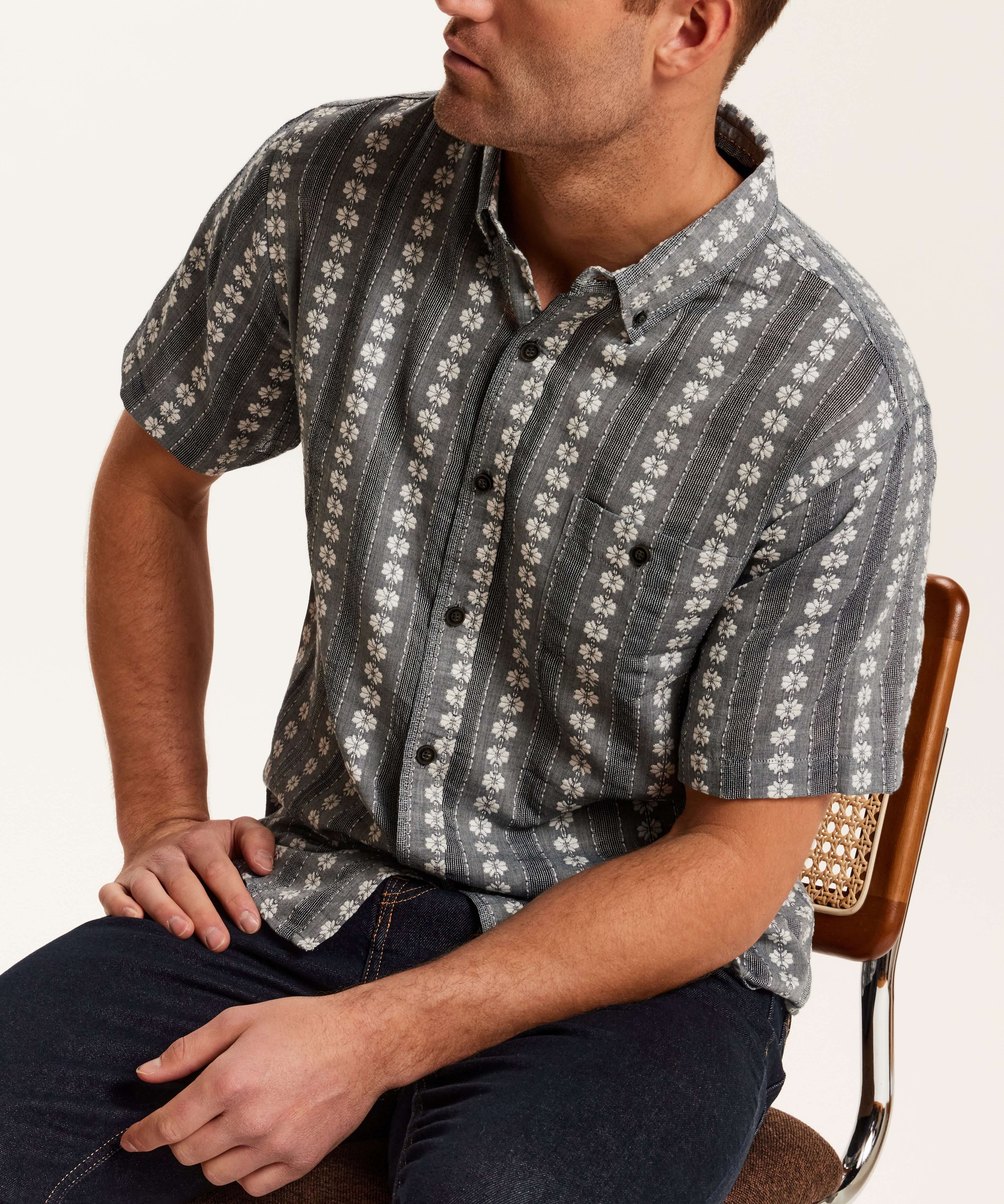 Embroidered Floral Stripe Shirt in Grey worn by a model, showcasing a charcoal base with floral stripes.