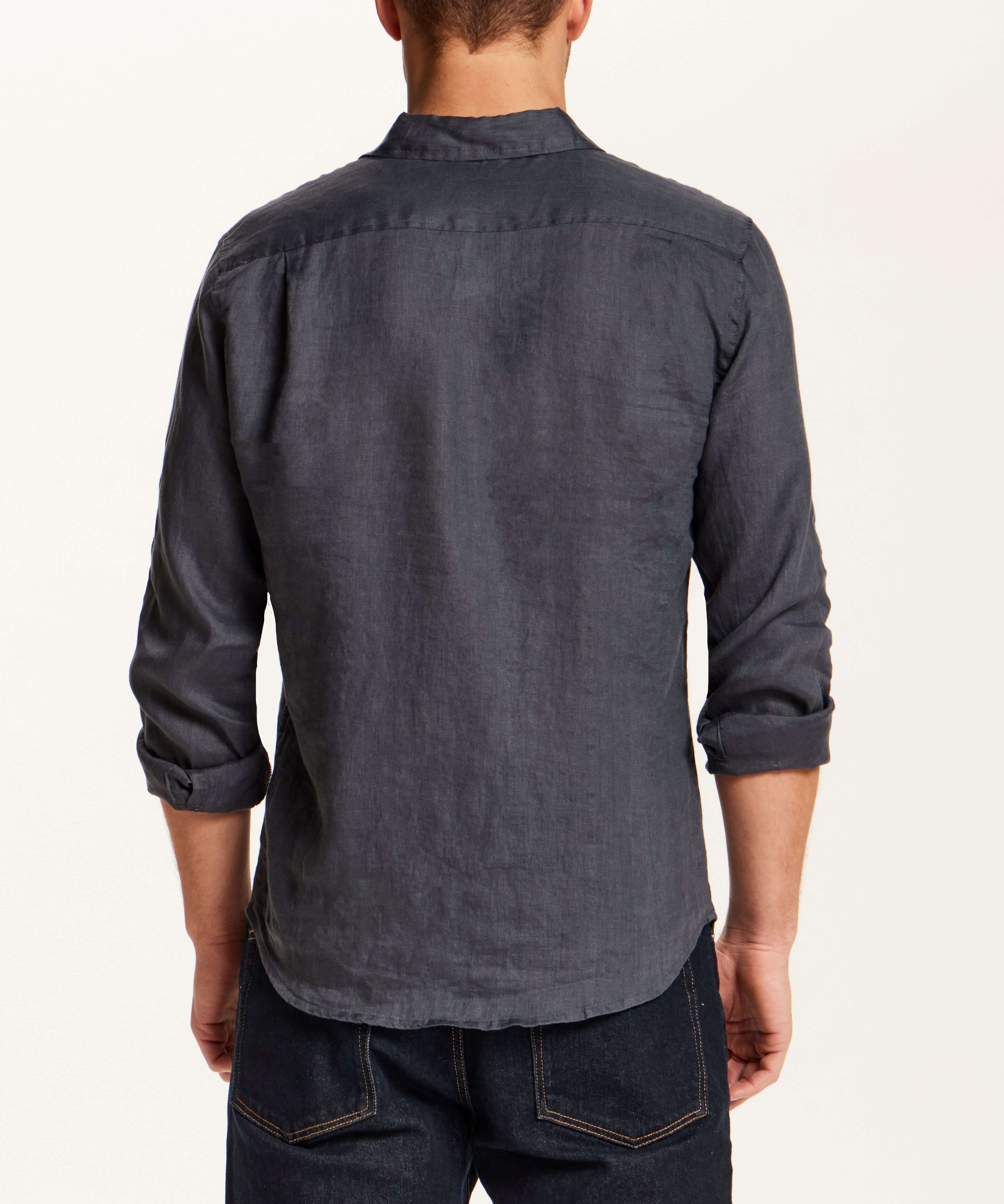 Back view of a man wearing a Long Sleeve Linen Shirt in Grey, showcasing its relaxed fit and lightweight fabric.