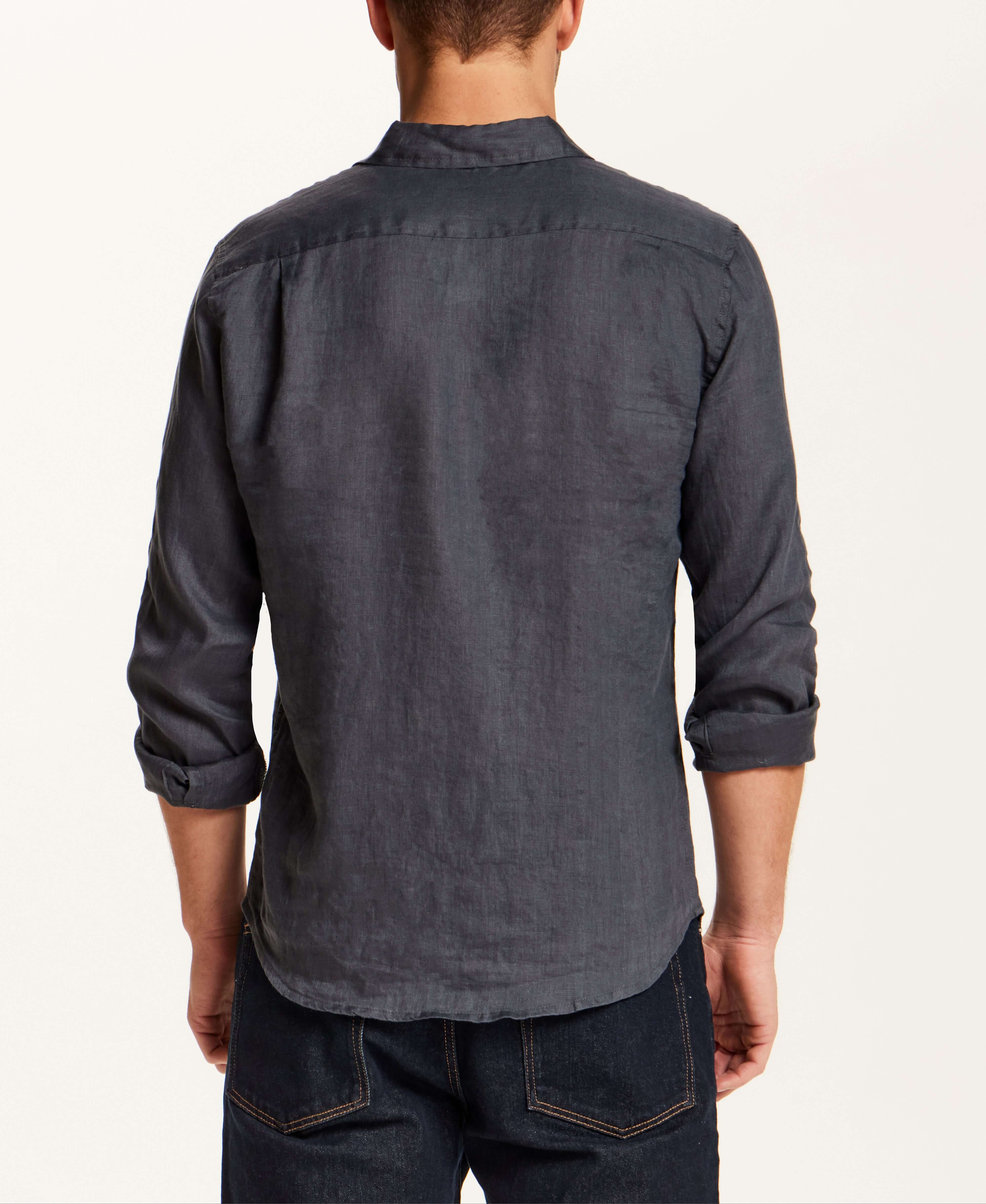 Back view of a man wearing a Long Sleeve Linen Shirt in Grey, showcasing its relaxed fit and lightweight fabric.