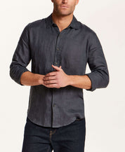 Long Sleeve Linen Shirt in Grey worn by a model, showcasing a relaxed fit and button front design.