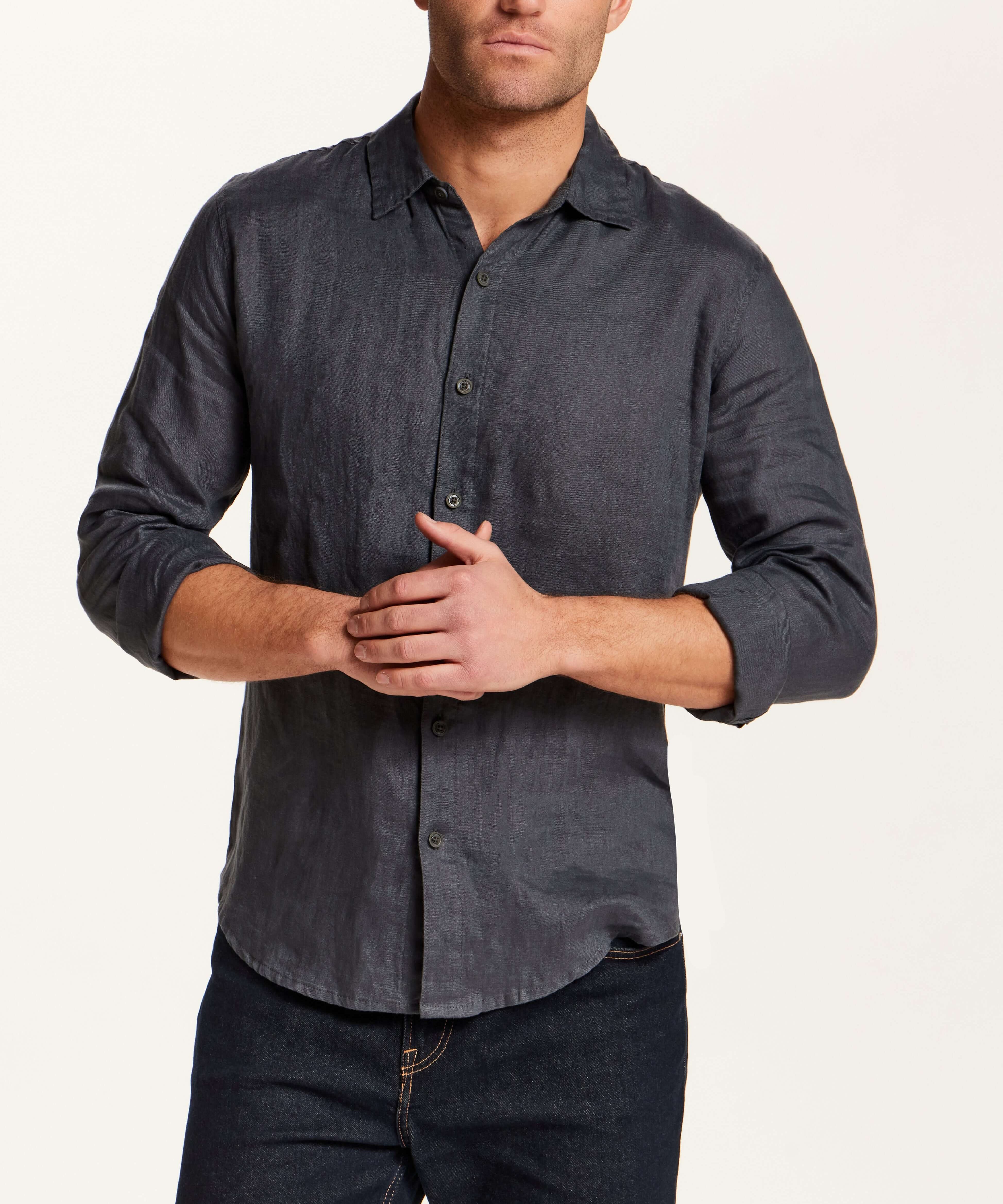 Long Sleeve Linen Shirt in Grey worn by a model, showcasing a relaxed fit and button front design.