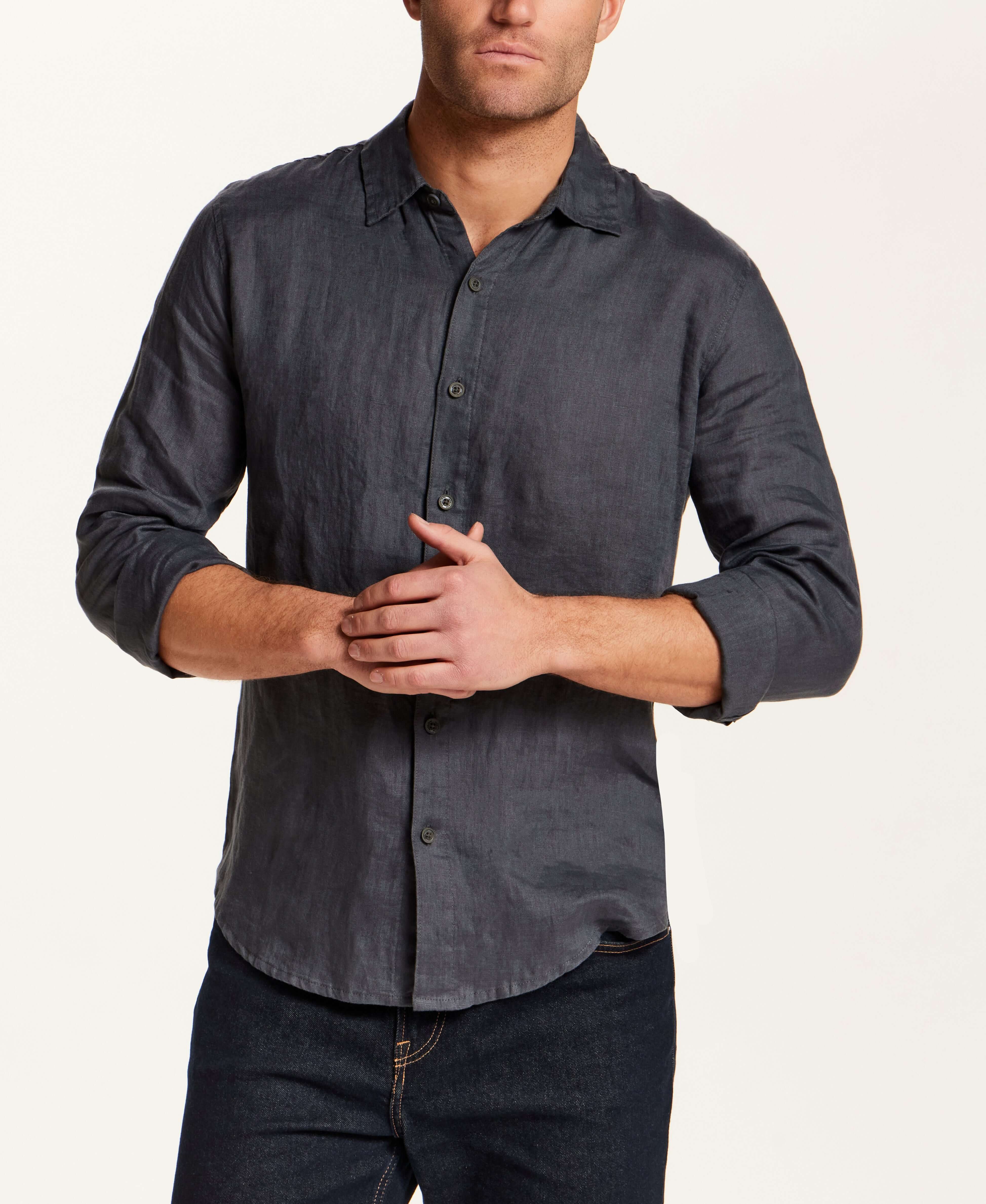 Long Sleeve Linen Shirt in Grey worn by a model, showcasing a relaxed fit and button front design.