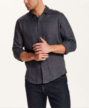 Long Sleeve Linen Shirt in Grey worn by a model, featuring button front and relaxed fit for casual style.