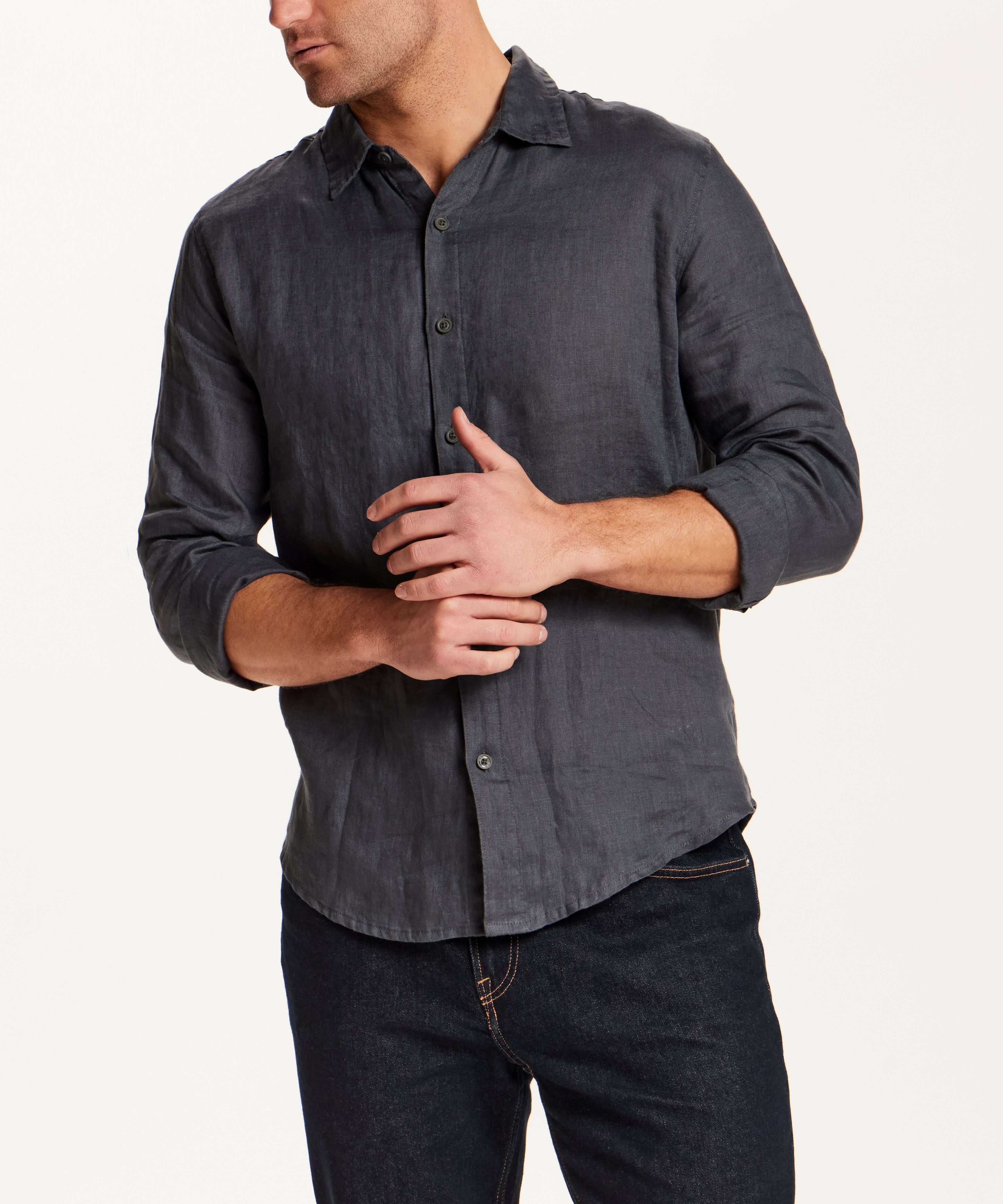 Long Sleeve Linen Shirt in Grey worn by a model, featuring button front and relaxed fit for casual style.