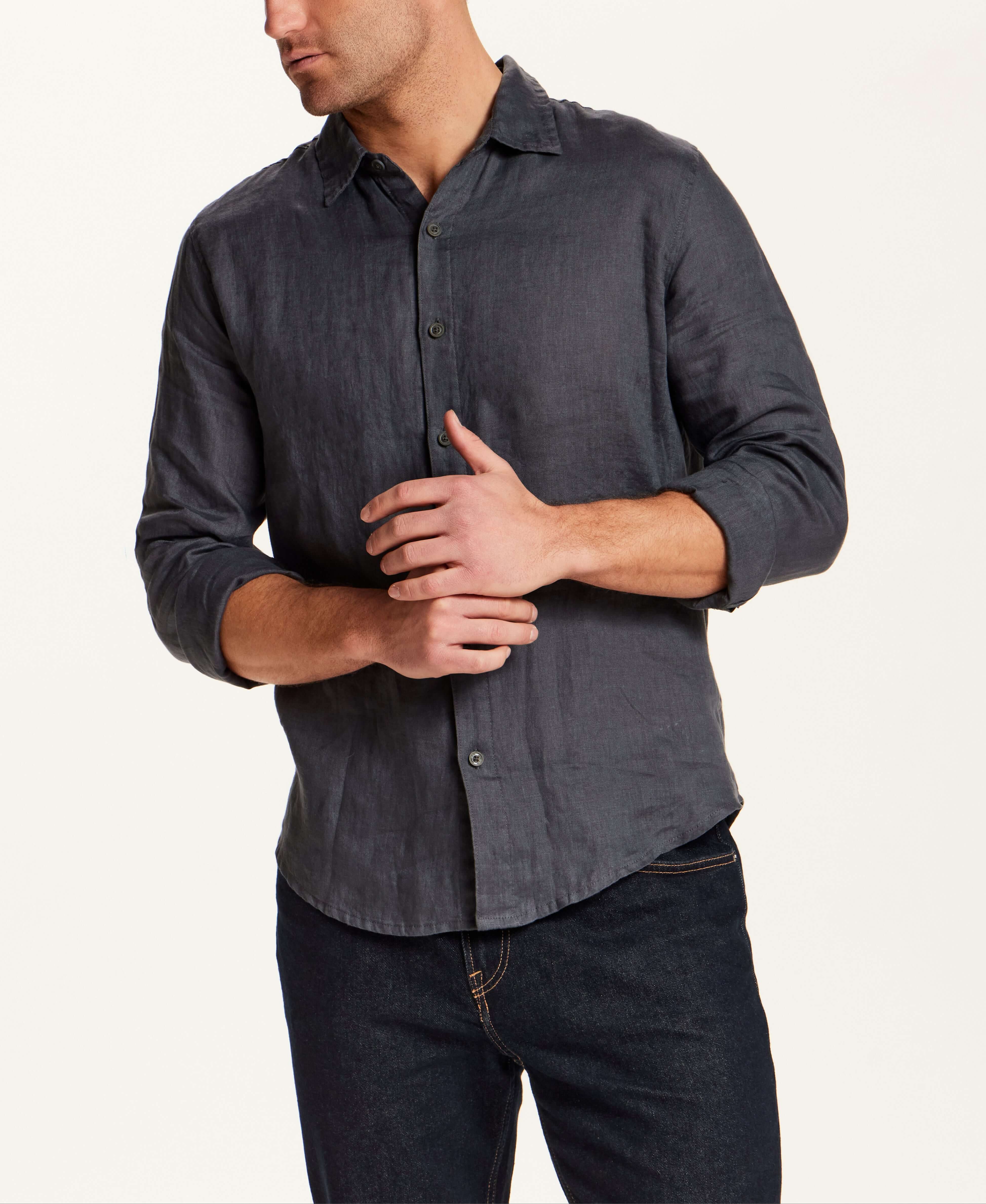 Long Sleeve Linen Shirt in Grey worn by a model, featuring button front and relaxed fit for casual style.