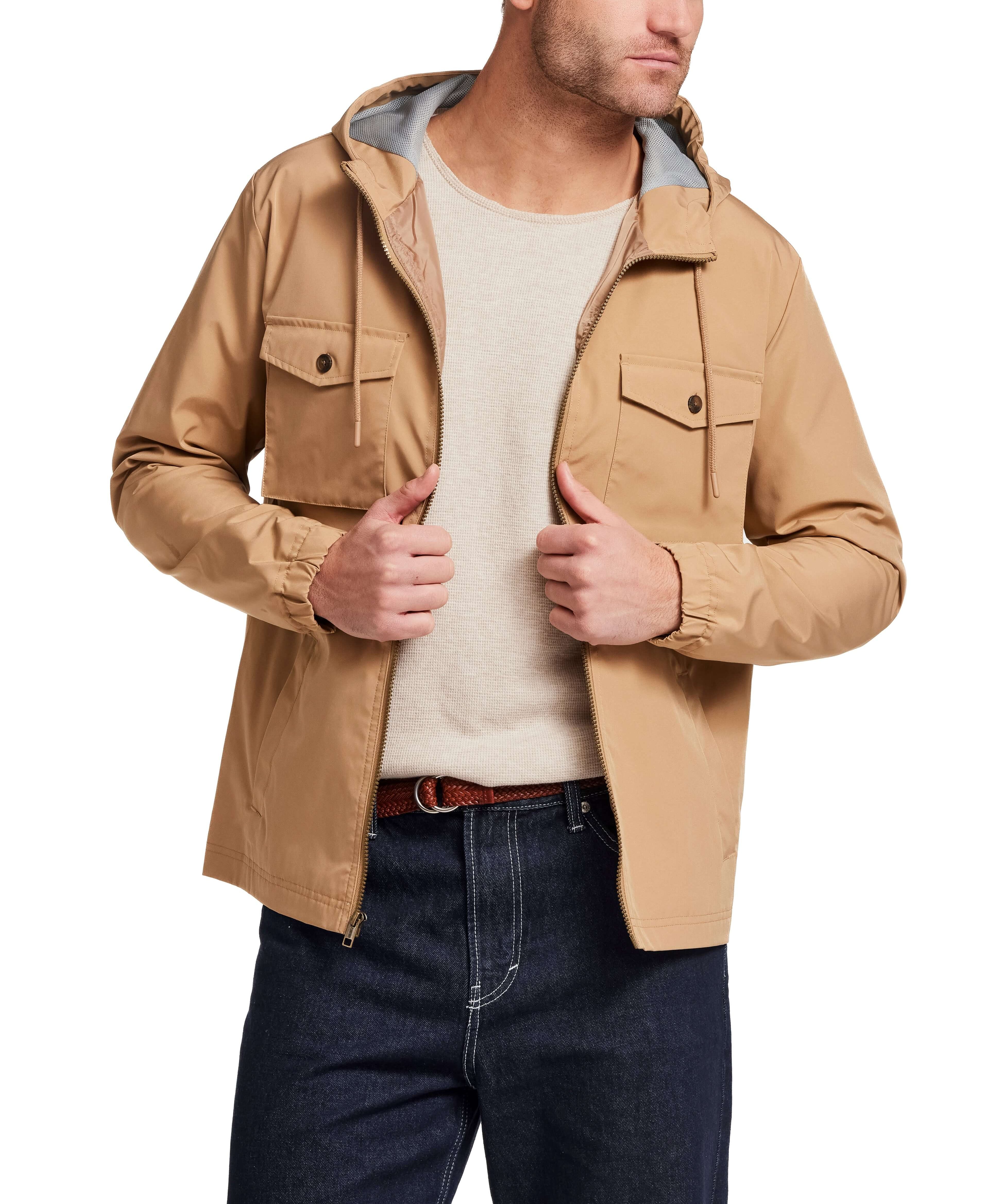 Poly Memory Safari Jacket with Hood in Kelp, lightweight, wind-proof, water-resistant, with hood and full zip front.