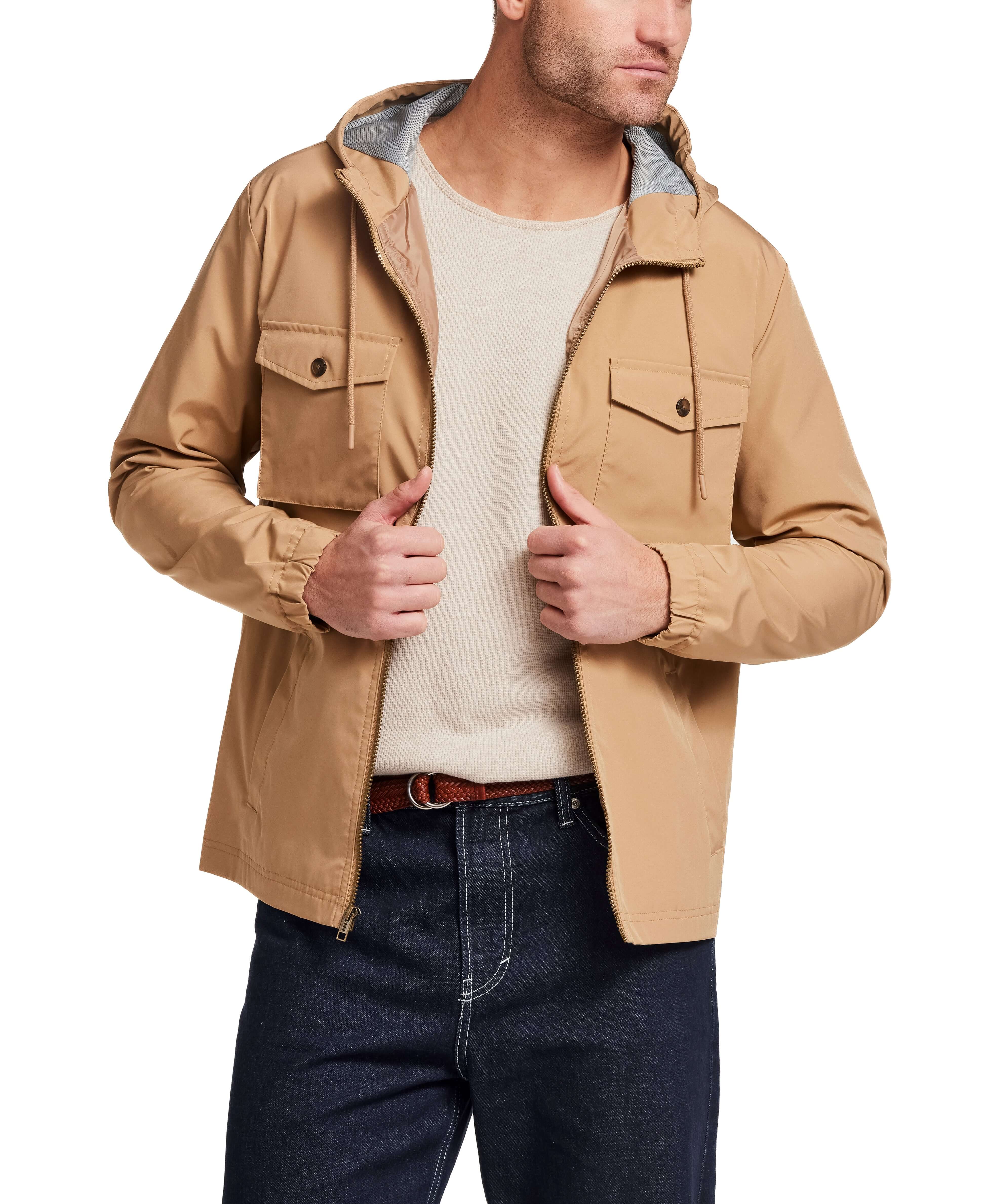 Poly Memory Safari Jacket with Hood in Kelp, lightweight, wind-proof, water-resistant, with hood and full zip front.