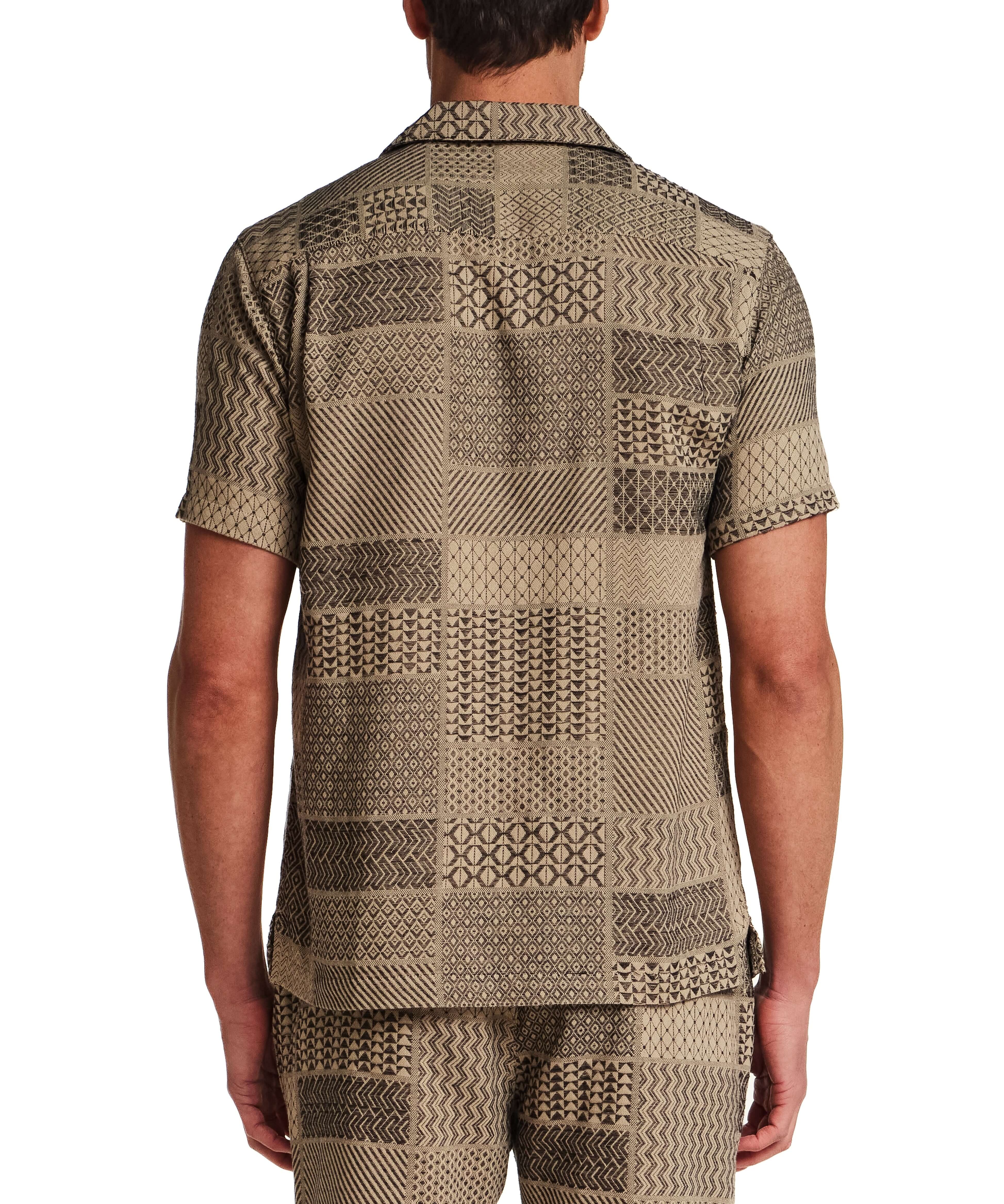 Back view of Jacquard Resort Shirt in Khaki, showcasing textured patterns and relaxed fit.