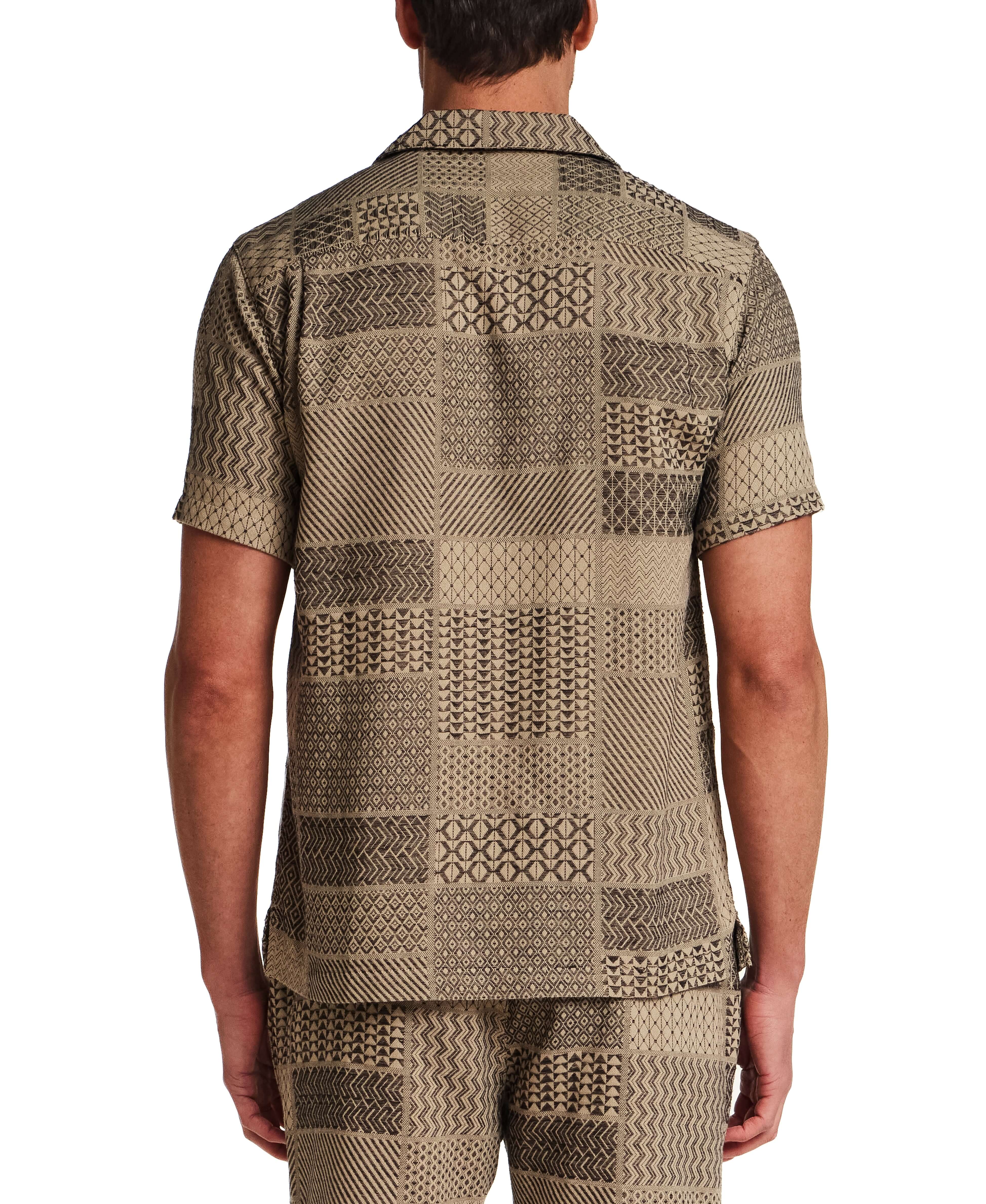 Back view of Jacquard Resort Shirt in Khaki, showcasing textured patterns and relaxed fit.