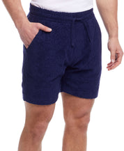 Jacquard Terry Knit Shorts in Navy featuring a textured design, side pockets, and adjustable drawstring waistband.