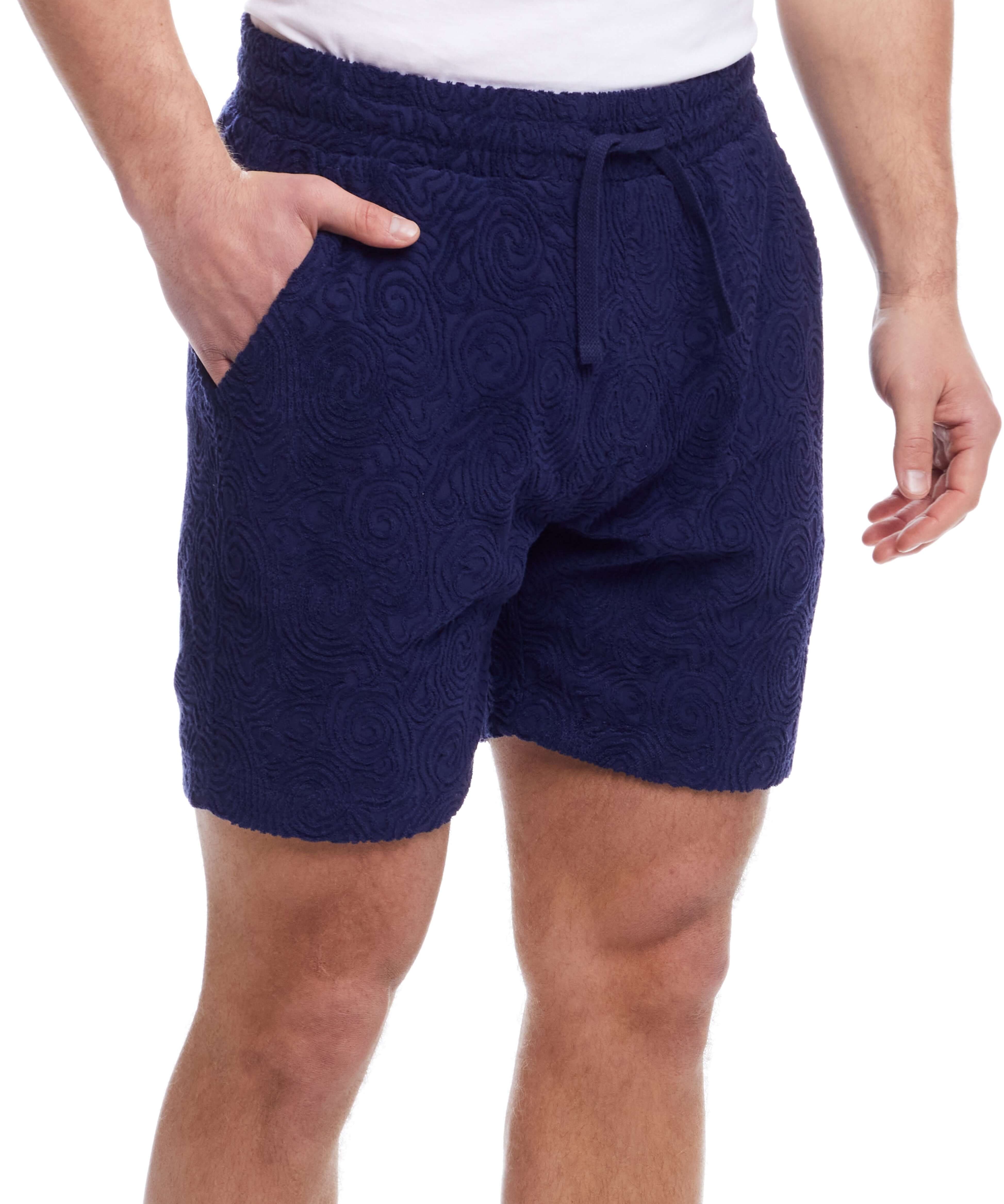 Jacquard Terry Knit Shorts in Navy featuring a textured design, side pockets, and adjustable drawstring waistband.