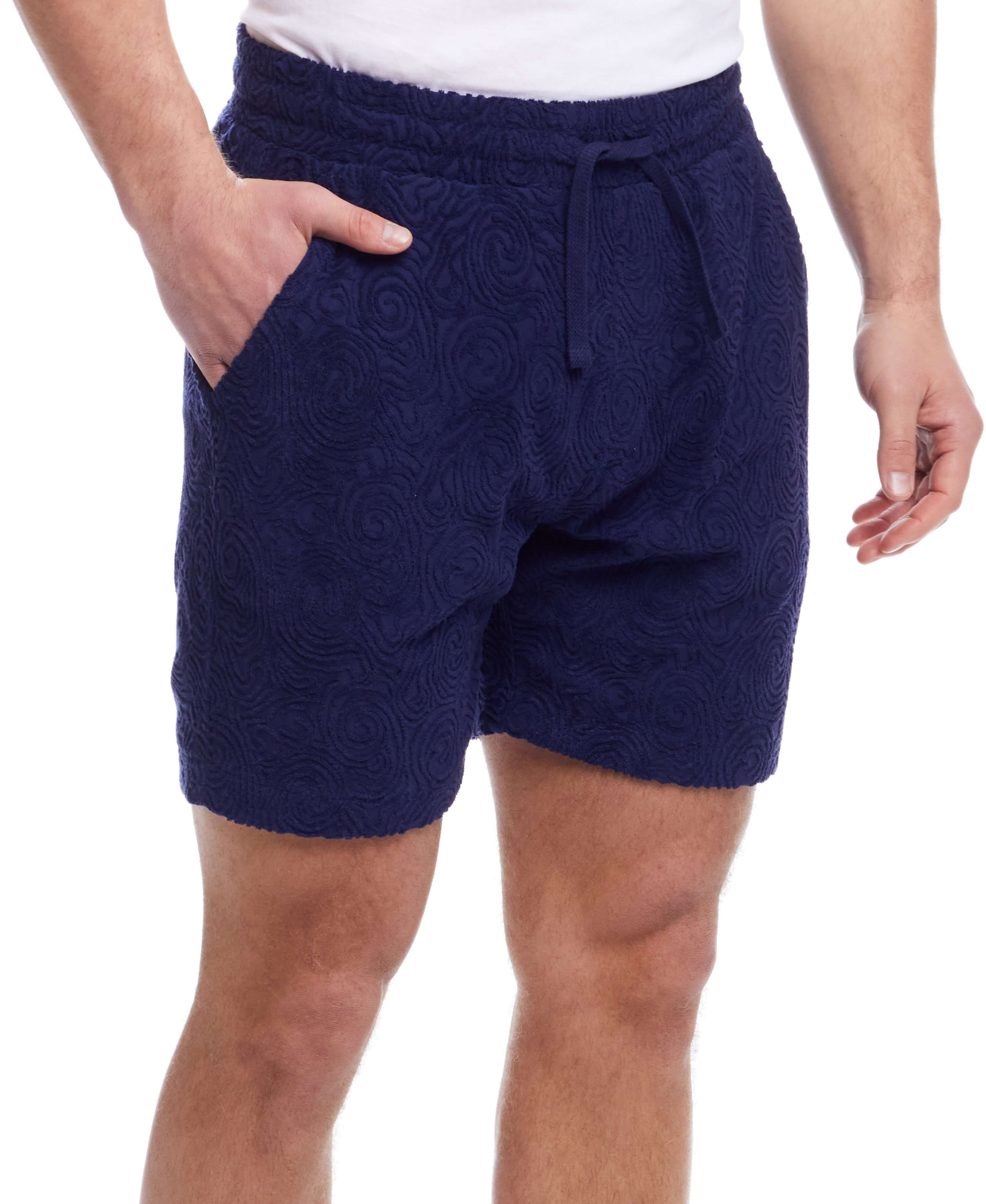 Jacquard Terry Knit Shorts in Navy featuring a textured design, side pockets, and adjustable drawstring waistband.