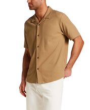 Seersucker Coatfront Knit in Khaki, short sleeve shirt with structured collar and button-front, featuring subtle grid texture.