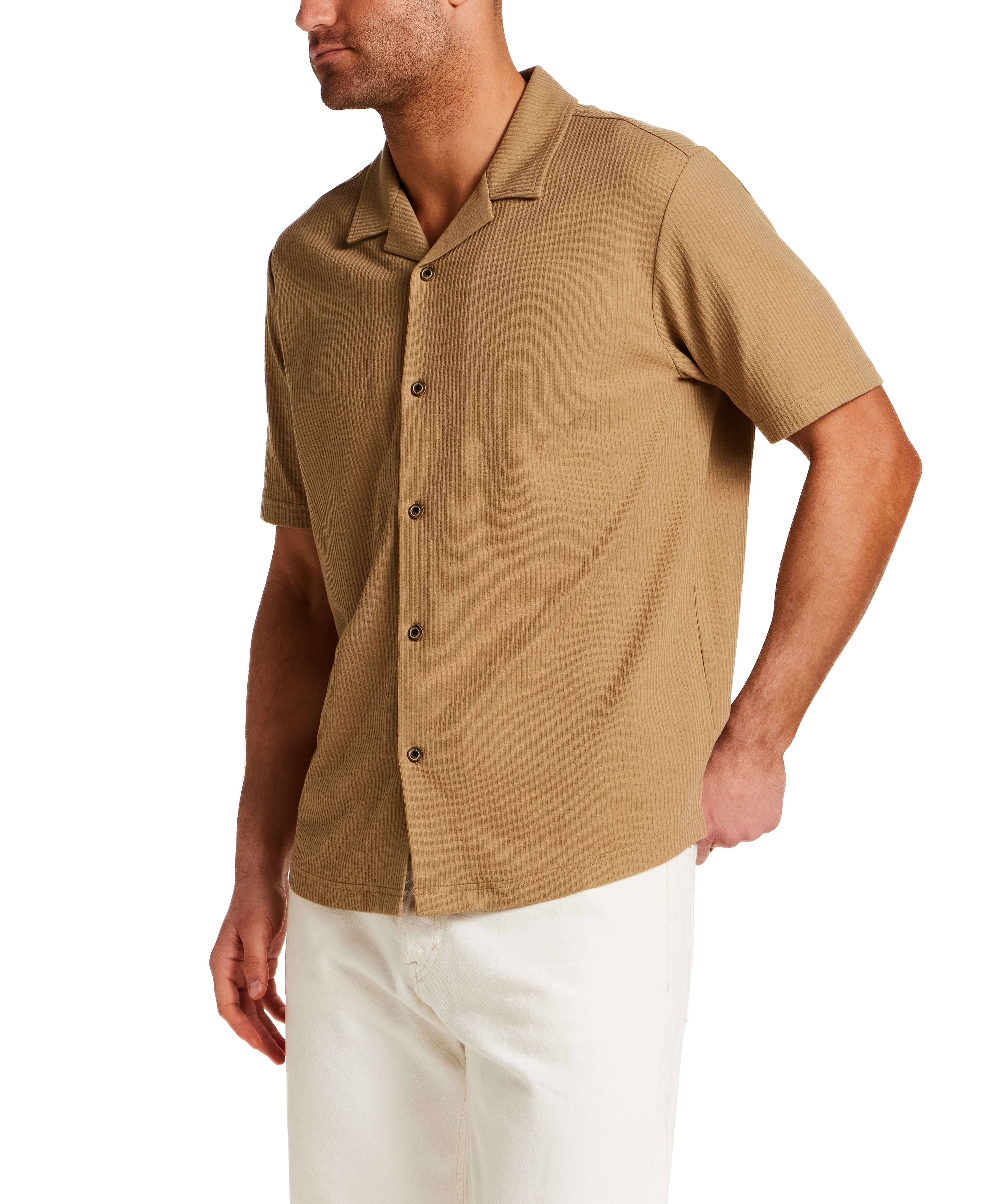 Seersucker Coatfront Knit in Khaki, short sleeve shirt with structured collar and button-front, featuring subtle grid texture.