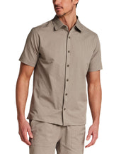 Mini Seersucker Shirt in Khaki worn by a model, showcasing the lightweight fabric and structured design.