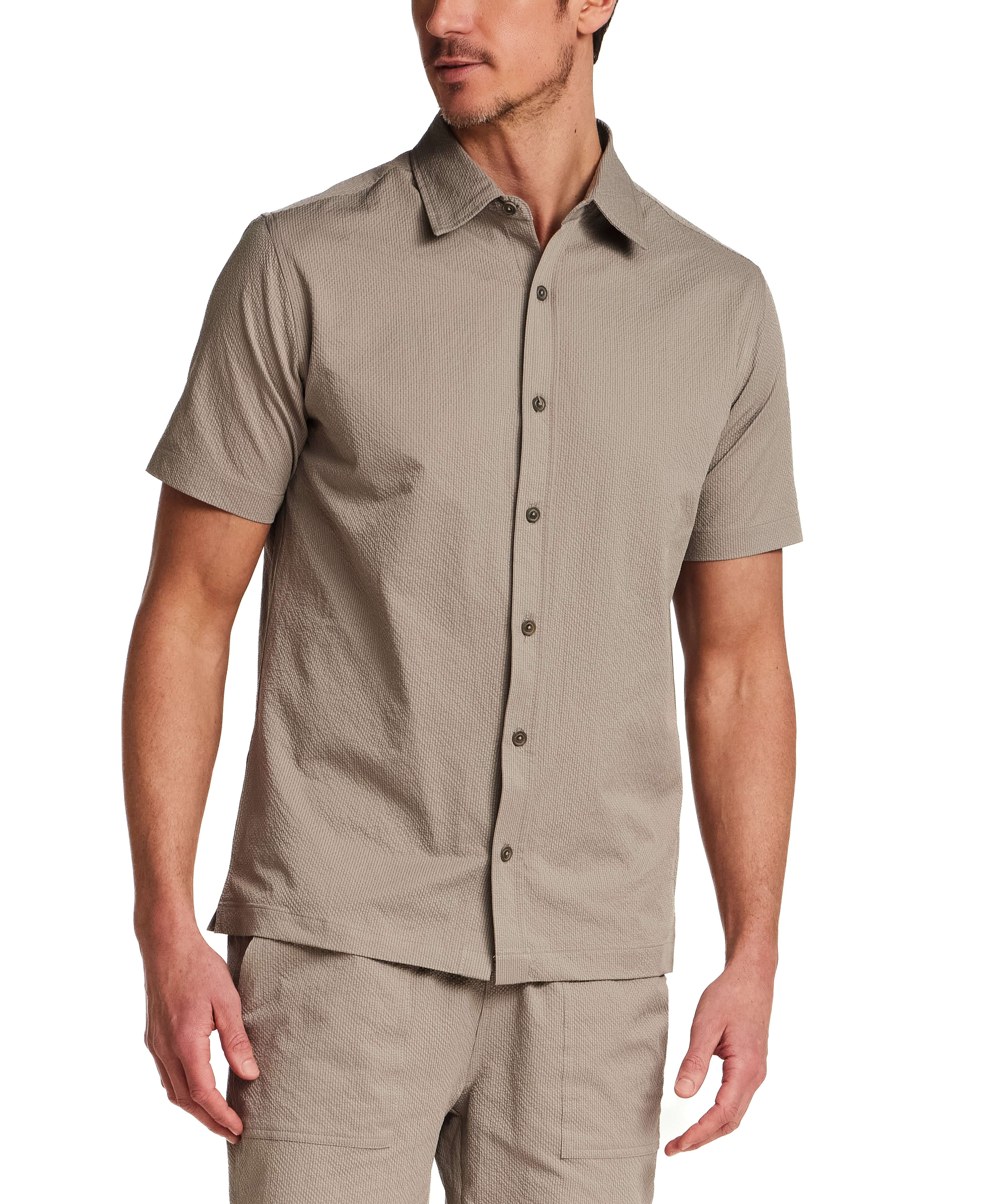 Mini Seersucker Shirt in Khaki worn by a model, showcasing the lightweight fabric and structured design.