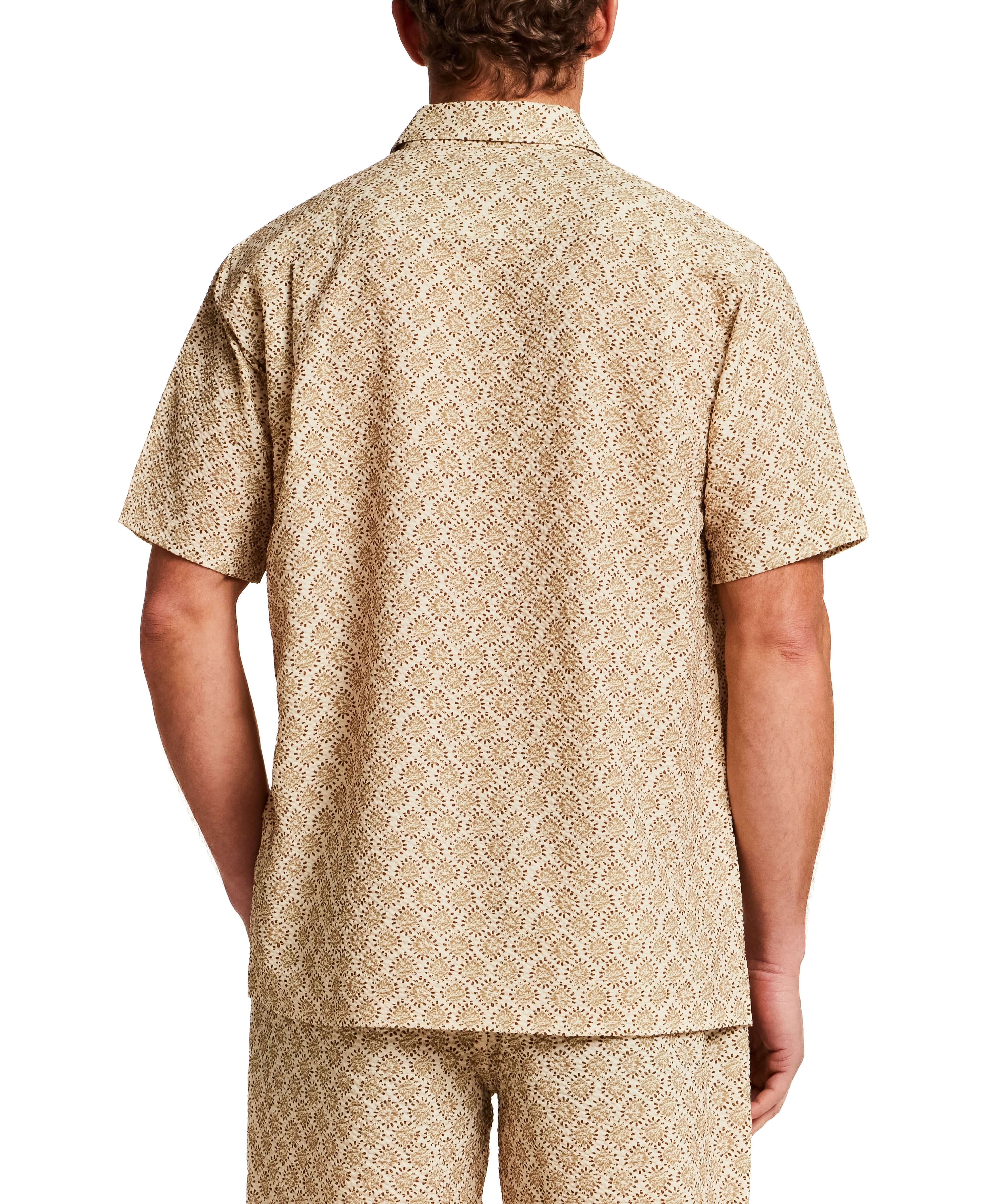 The Medallion Print Seersucker Shirt in Khaki, showcasing the back view with allover medallion print and seersucker texture.