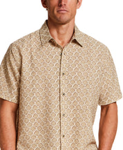 The Medallion Print Seersucker Shirt in Khaki displayed on a model, featuring a subtle seersucker texture and refined medallion print.