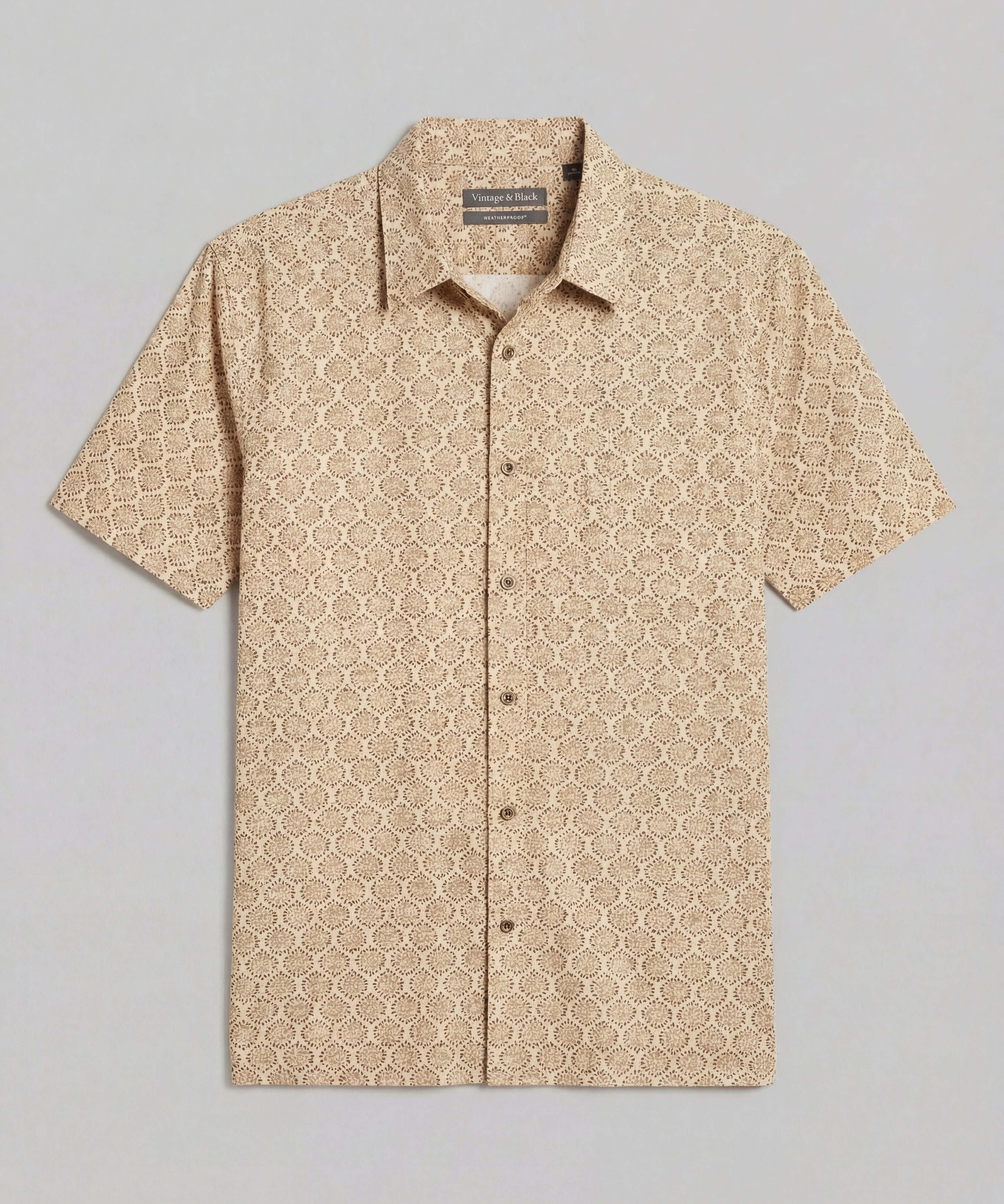 The Medallion Print Seersucker Shirt in Khaki, featuring a subtle seersucker texture and refined medallion pattern.
