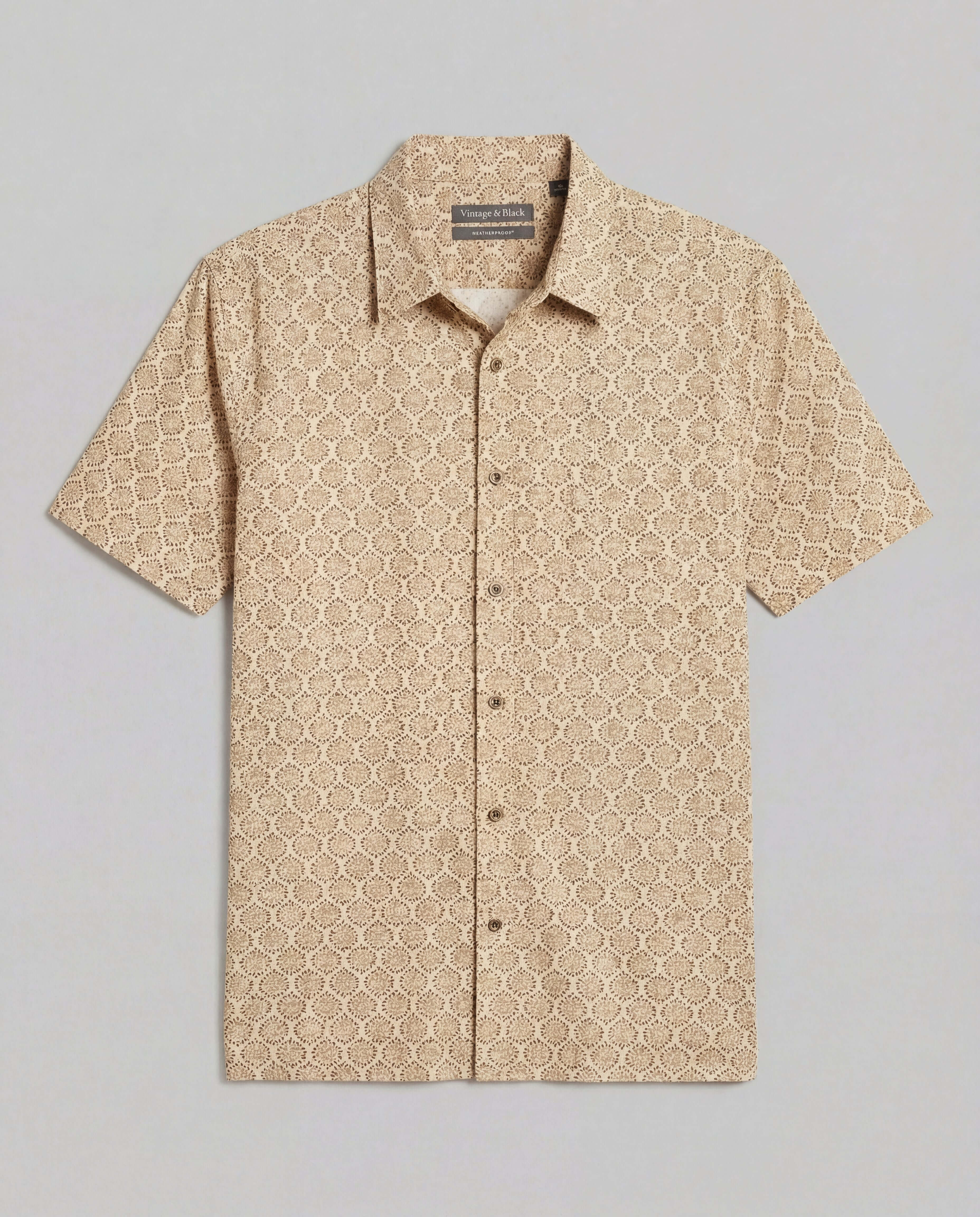 The Medallion Print Seersucker Shirt in Khaki, featuring a subtle seersucker texture and refined medallion pattern.