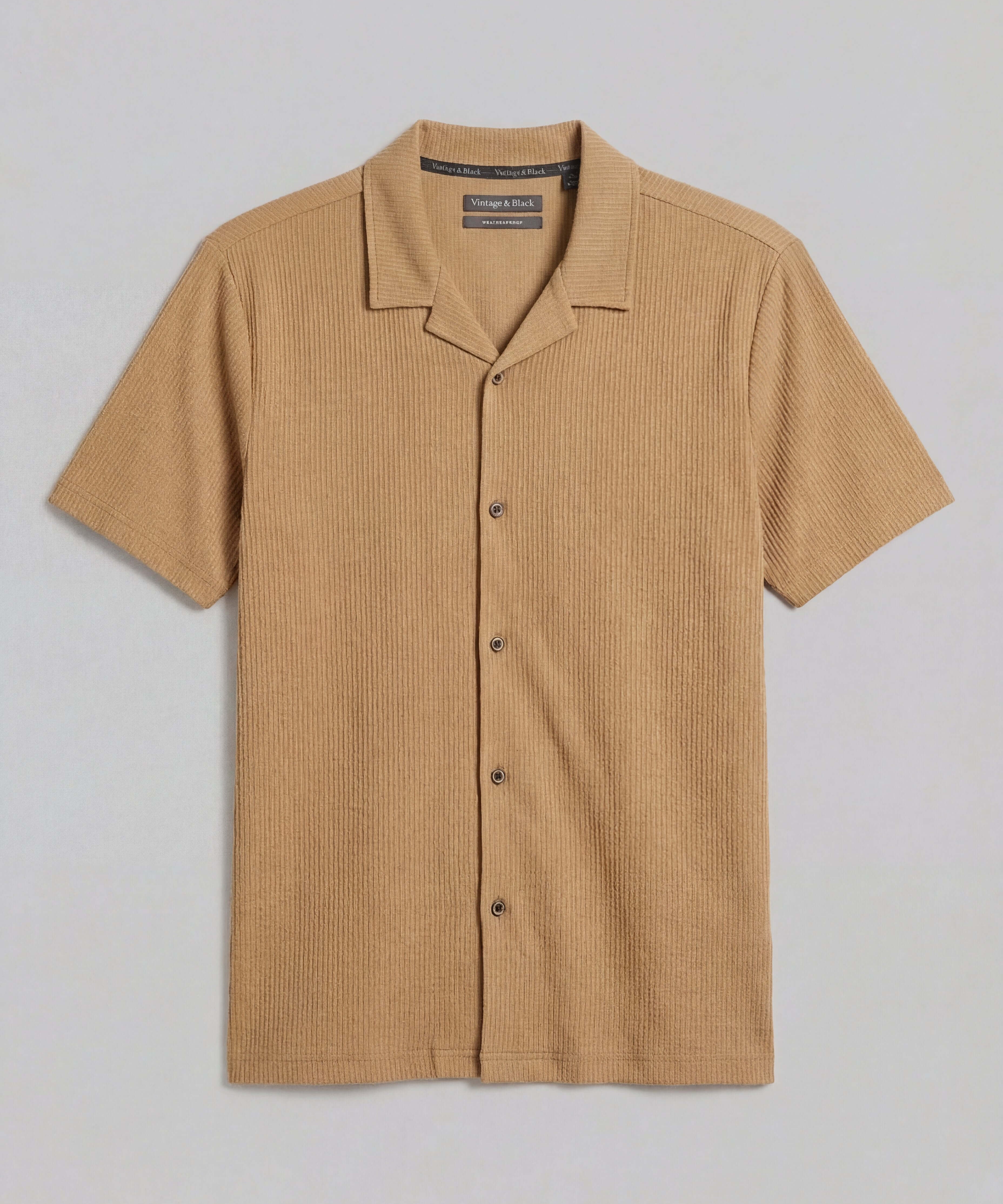 Seersucker Coatfront Knit in Khaki, featuring a structured collar, button-front closure, and subtle grid texture.