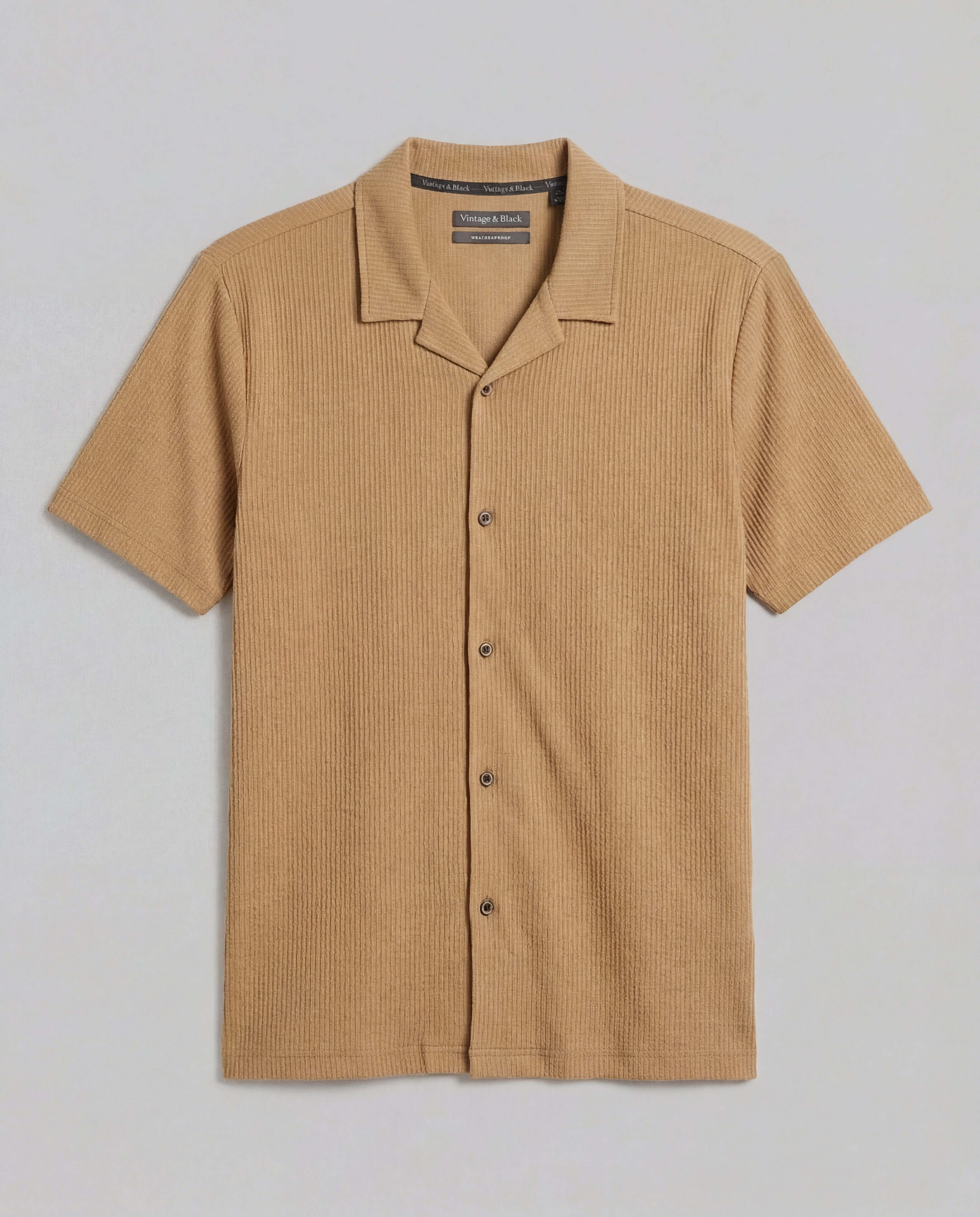 Seersucker Coatfront Knit in Khaki, featuring a structured collar, button-front closure, and subtle grid texture.