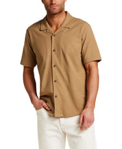 Seersucker Coatfront Knit in Khaki worn by a model, showcasing a short sleeve design and button-front closure.