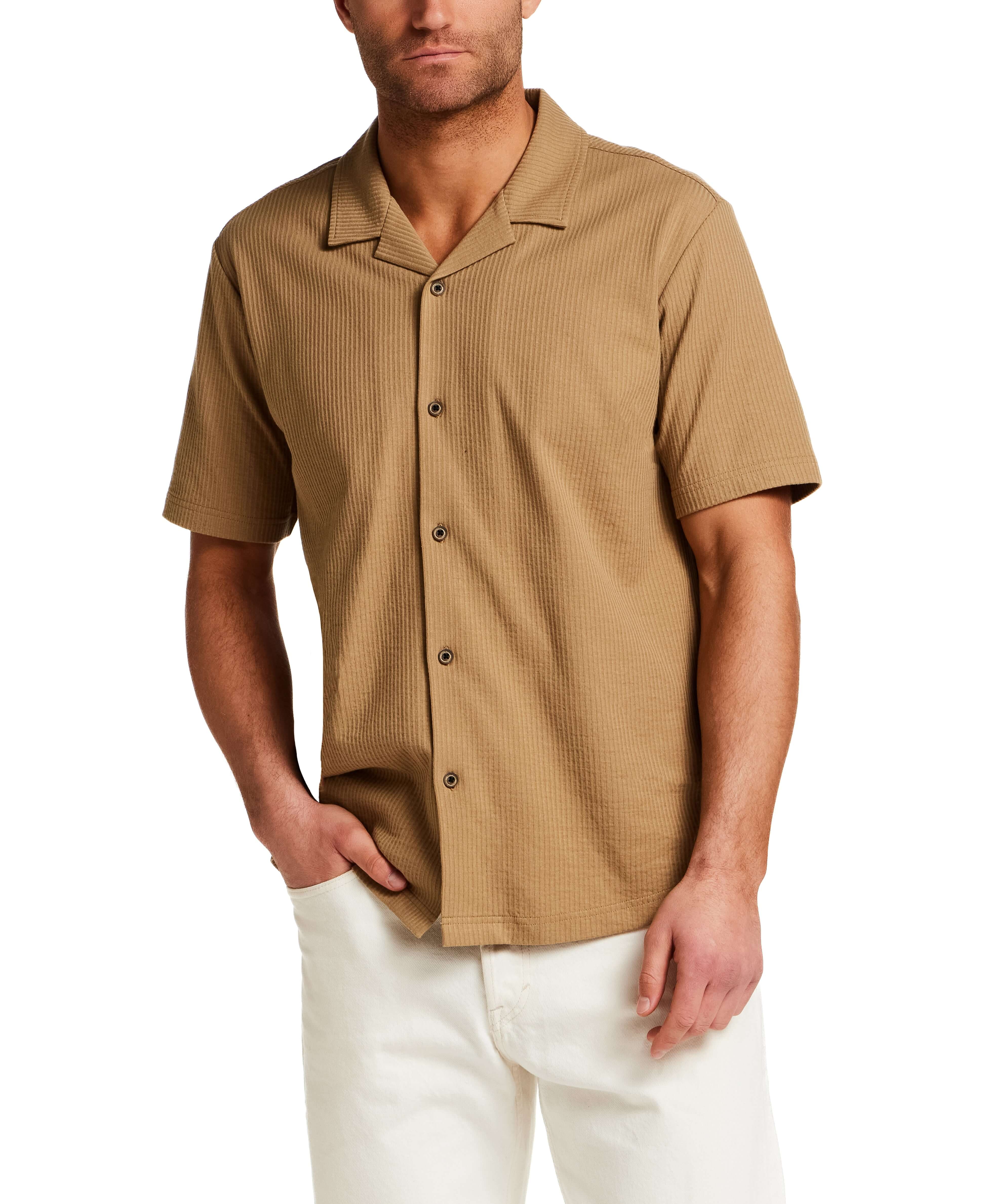 Seersucker Coatfront Knit in Khaki worn by a model, showcasing a short sleeve design and button-front closure.