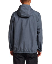 Back view of Distressed Poplin Hooded Pullover in Indigo, featuring a relaxed fit and adjustable hood.
