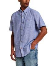 Linen Blend Dobby Stripe Shirt in Infinity Blue worn by a model, featuring a button-down design and short sleeves.