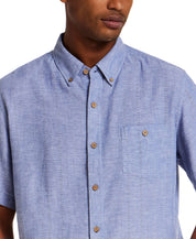 Linen Blend Dobby Stripe Shirt in Infinity Blue displayed on model, featuring button front, collar, and chest pocket.