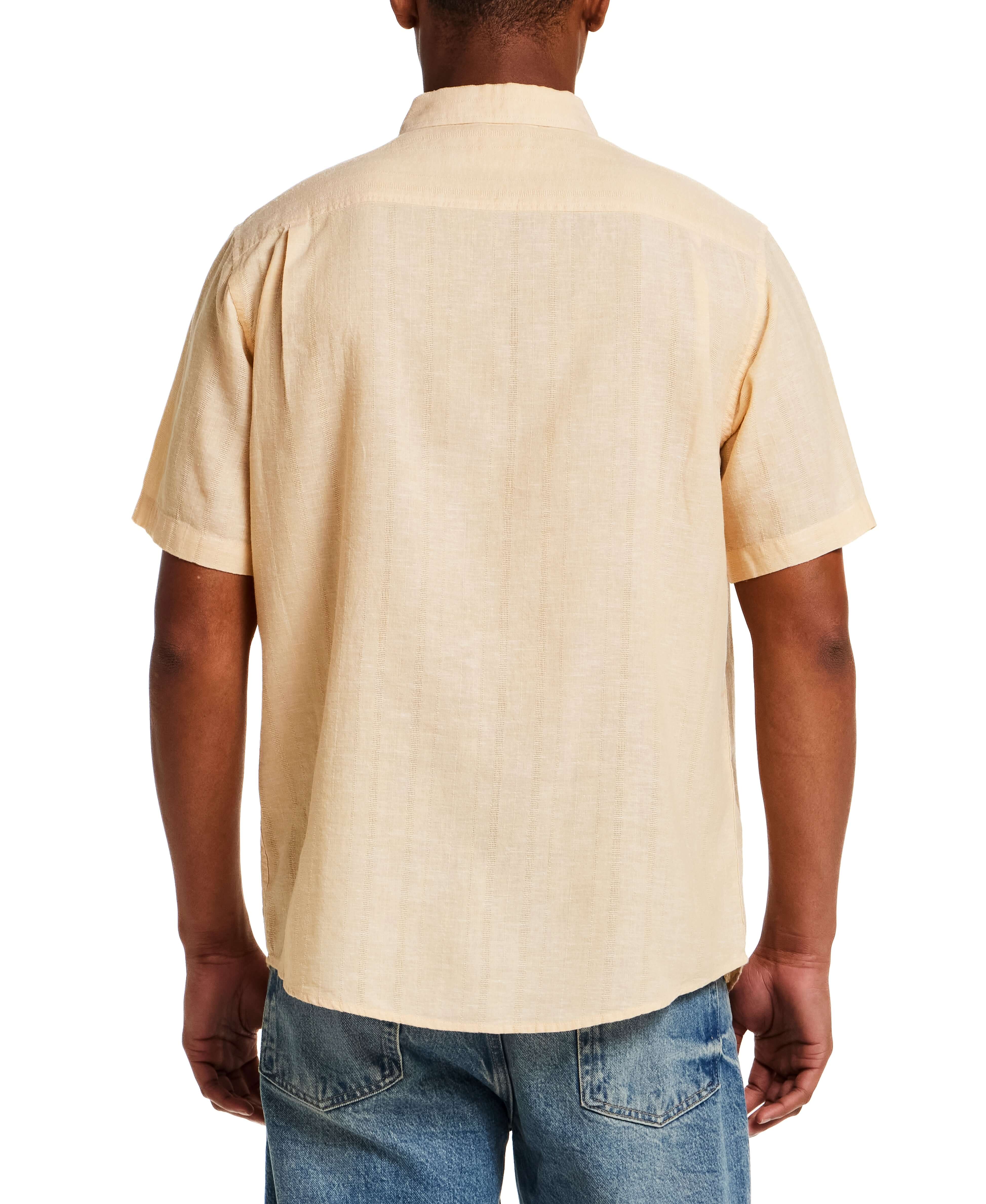 Linen Blend Dobby Stripe Shirt in Sahara Sun shown from the back, highlighting the subtle dobby texture and short sleeves.
