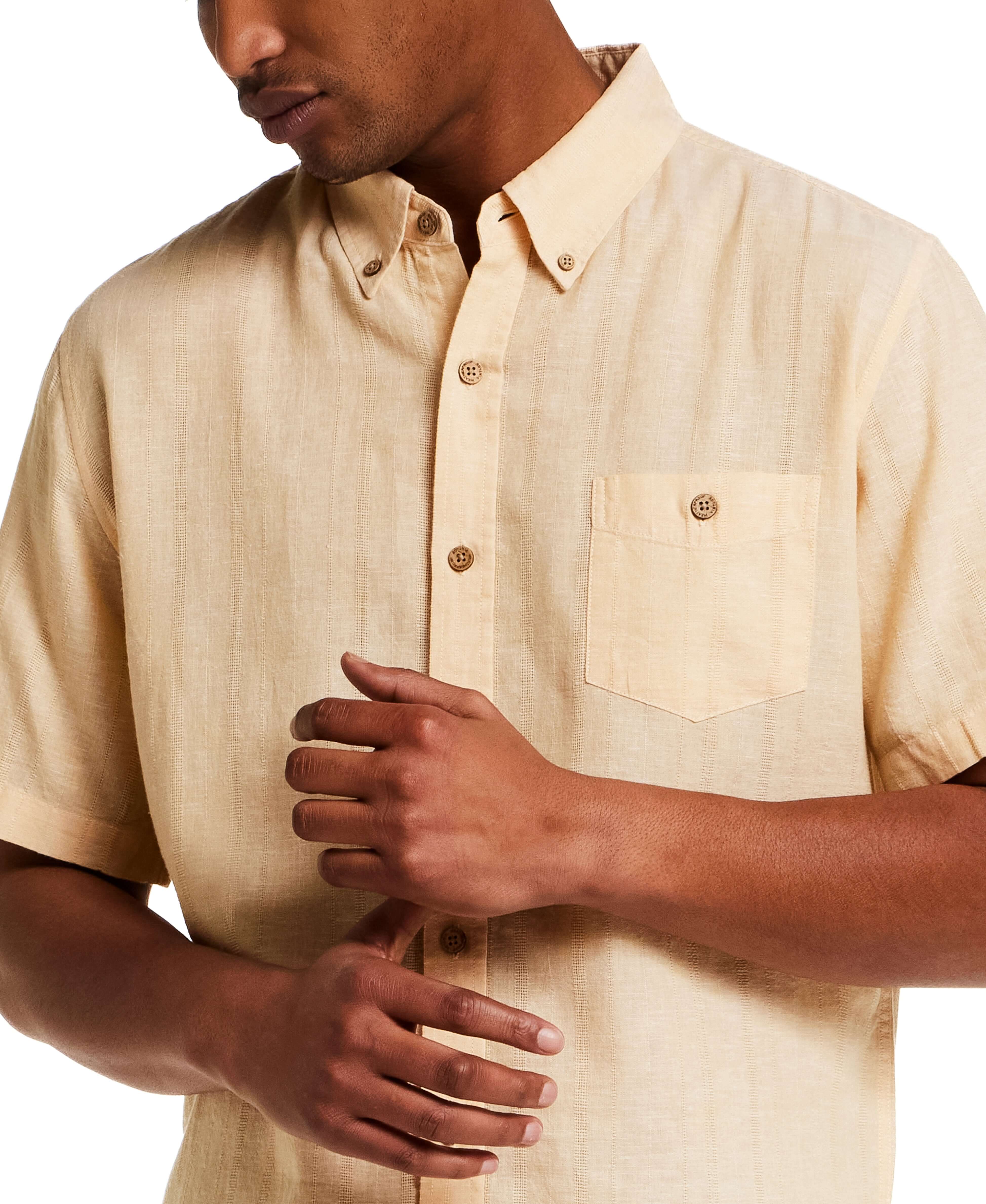 Linen Blend Dobby Stripe Shirt in Sahara Sun worn by model, showcasing its lightweight texture and button-down collar.