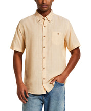 Linen Blend Dobby Stripe Shirt in Sahara Sun worn by a model, featuring a button front and short sleeves.