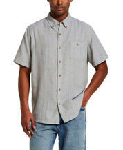 Linen Blend Dobby Stripe Shirt in Sea Grass worn by a model, showcasing its lightweight design and dobby stripe pattern.