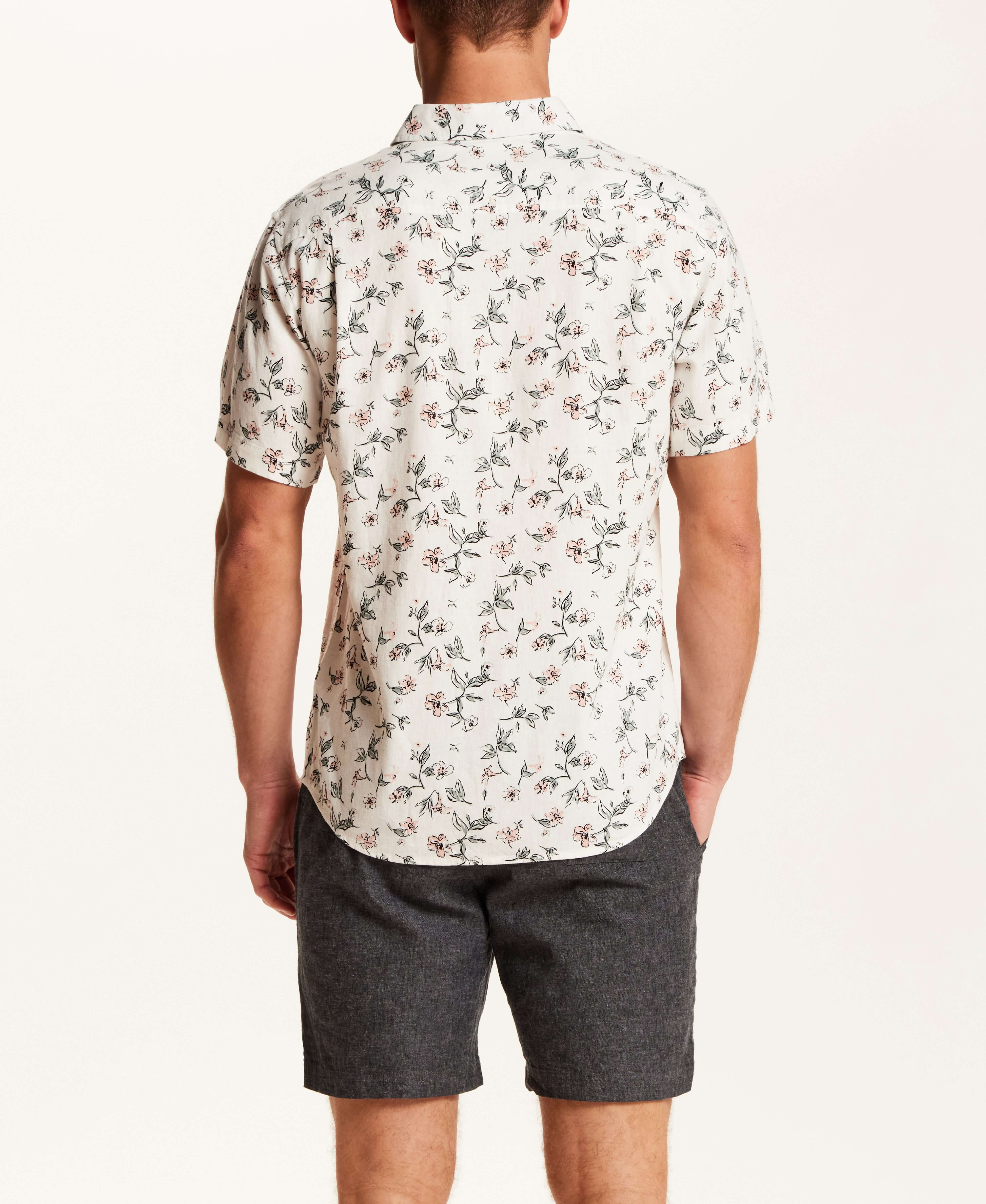 Linen Blend Floral Print Shirt in Cloud Pink